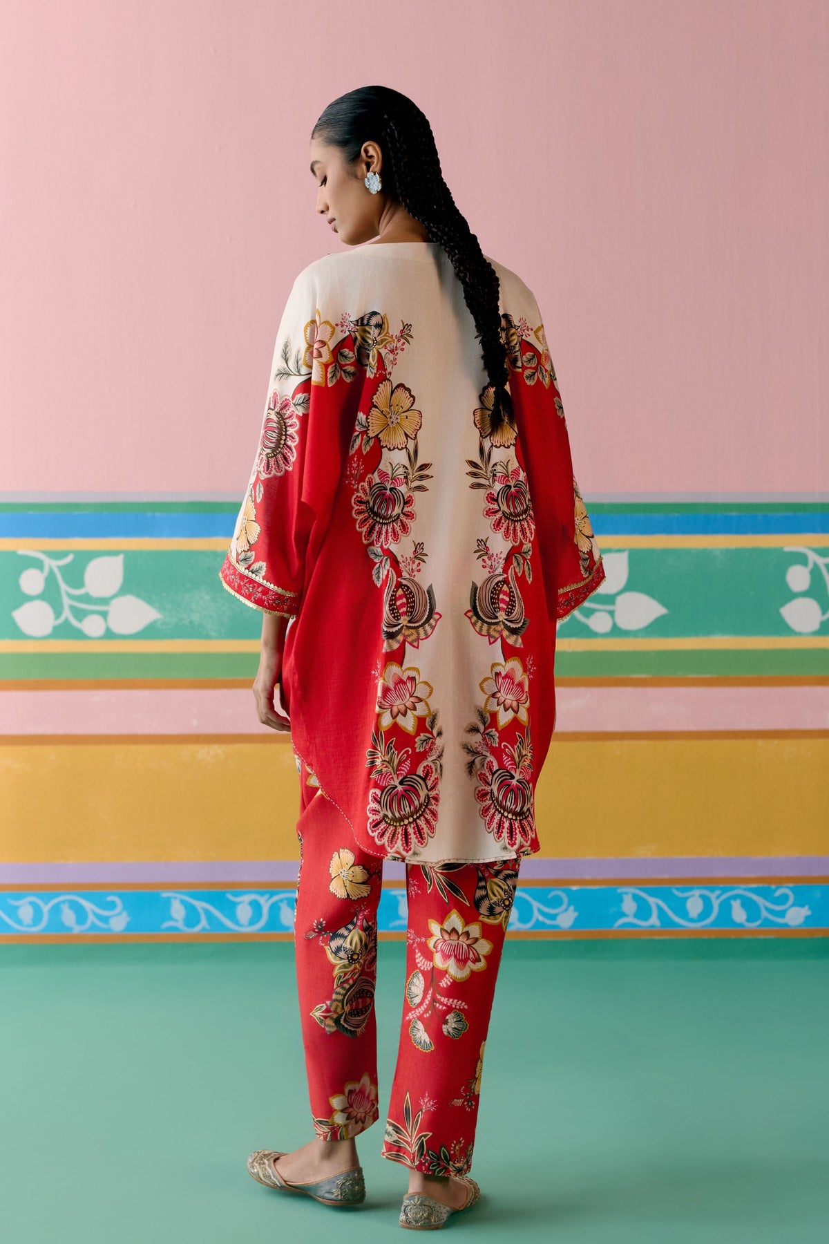 Ecru Red Floral Short Kaftan Set