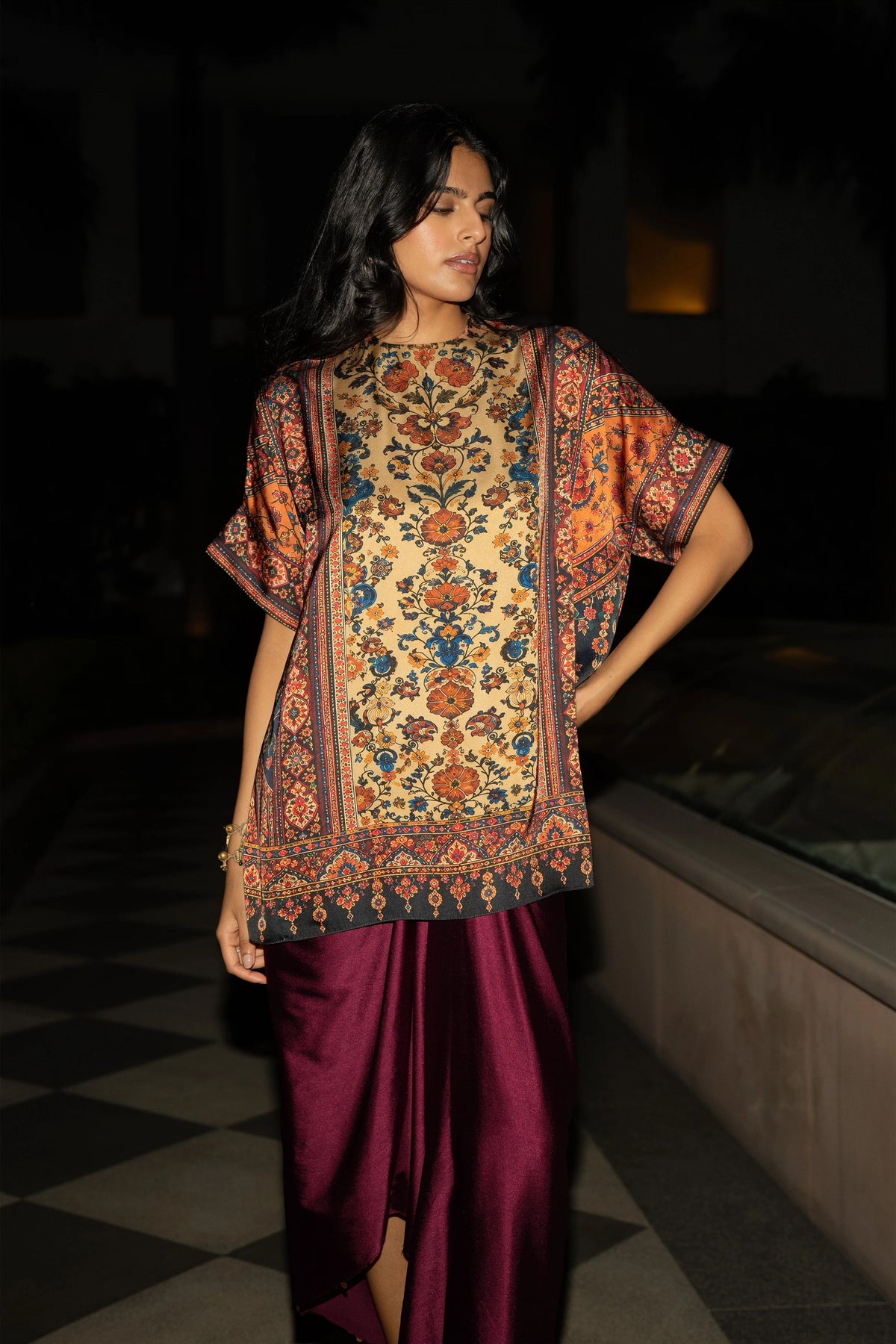 Print Top & Satin Drape Skirt