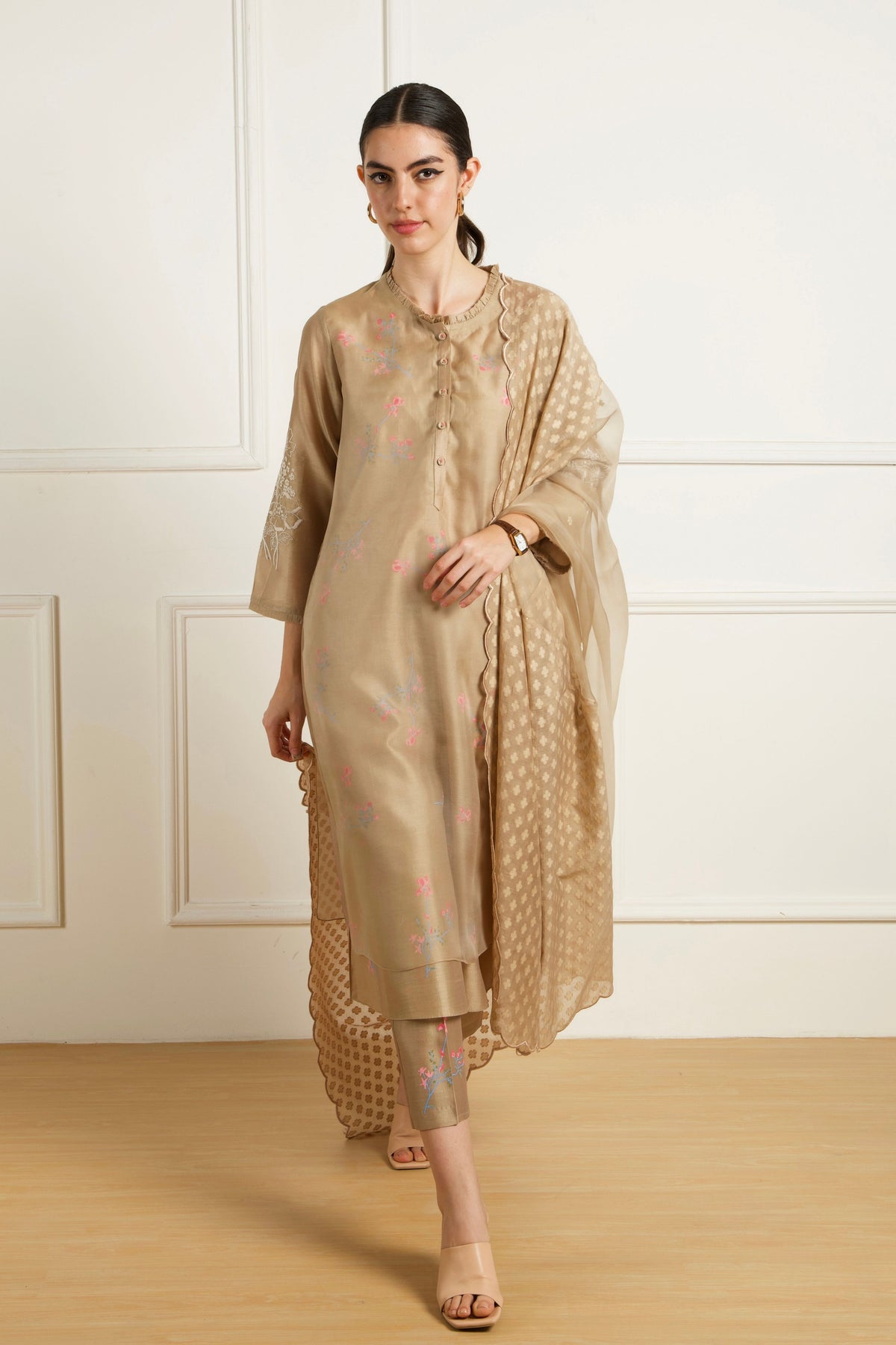 Beige Double Layer Kurta Set