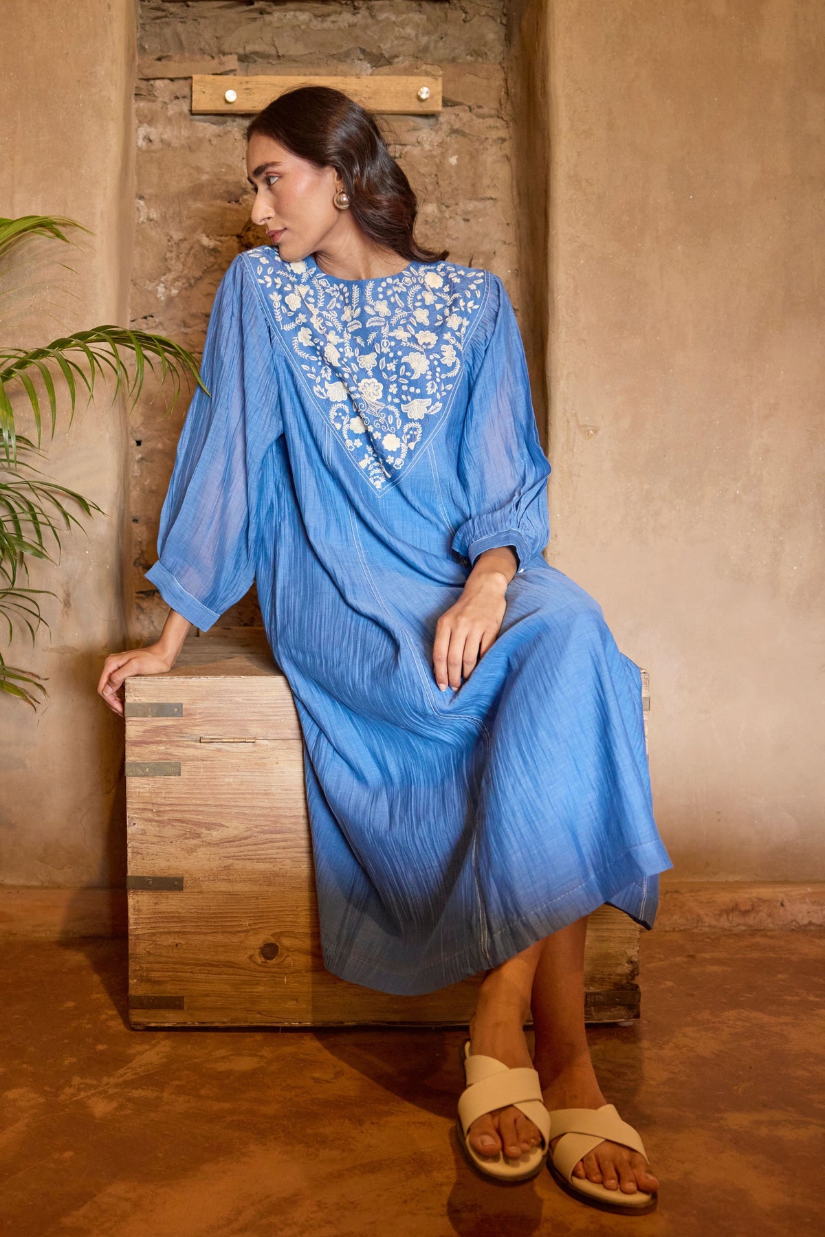 Blue Embroidered Yoke Chanderi Dress