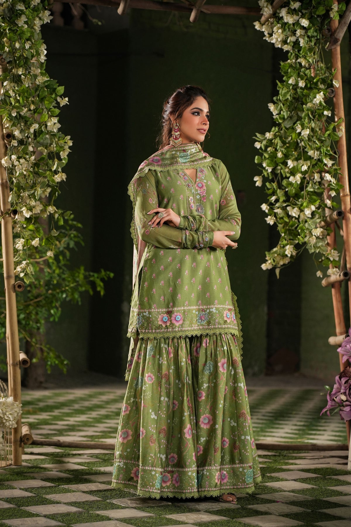 Mughal Sharara Set in Dark Green
