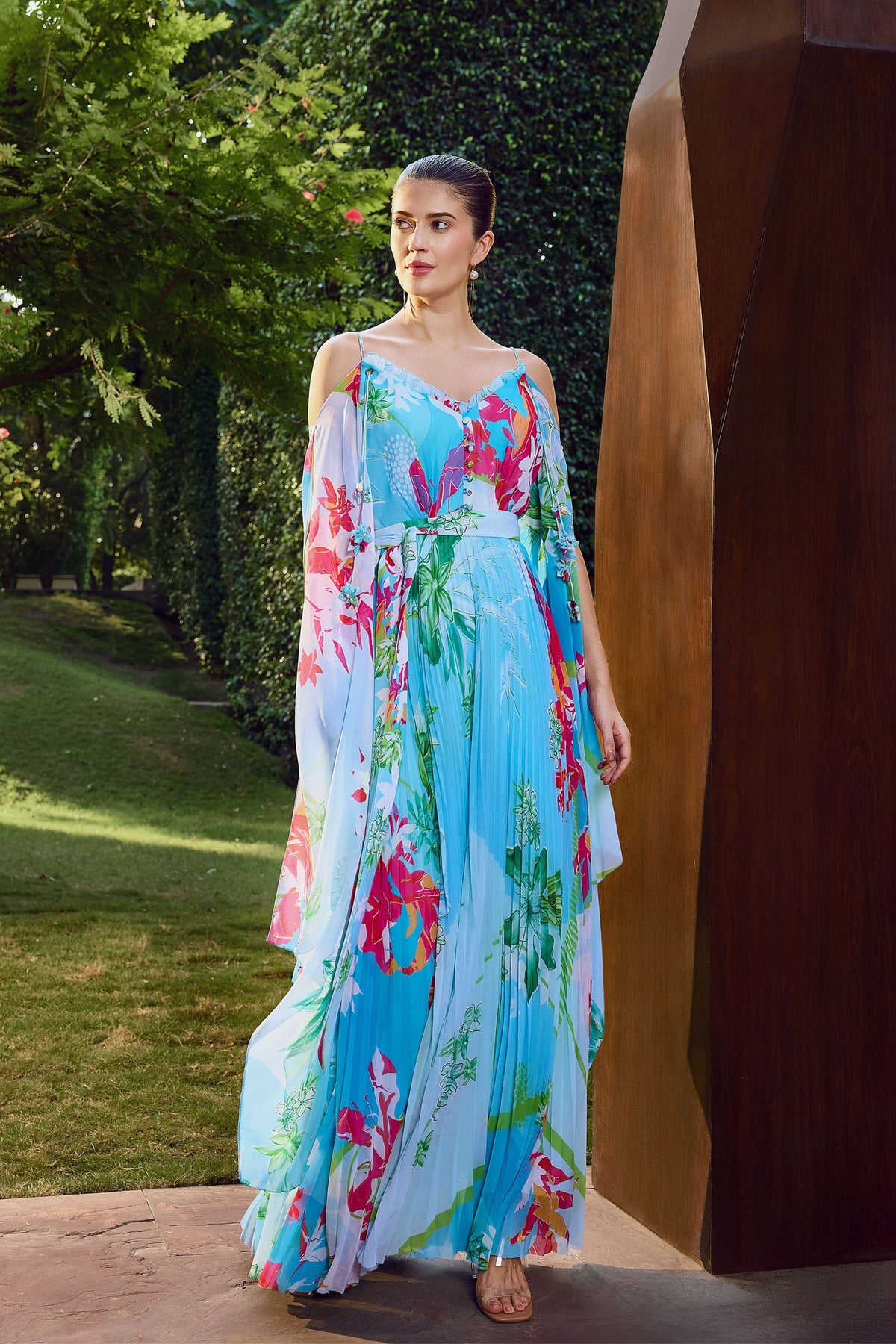 Deep V-neck Heat Pleat Maxi Dress