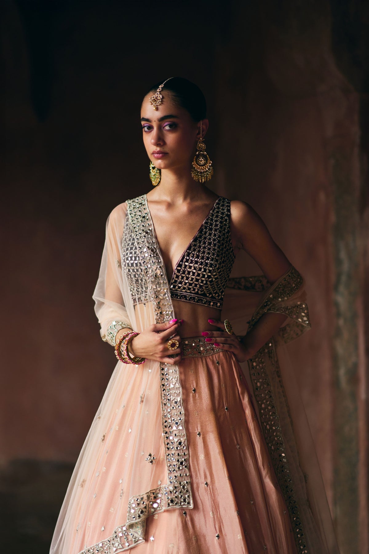 Peach and Maroon Lehenga Set