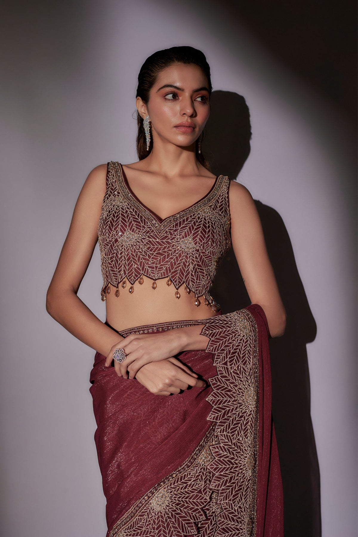 Heavy Leaf Pre-Draped Saree Set