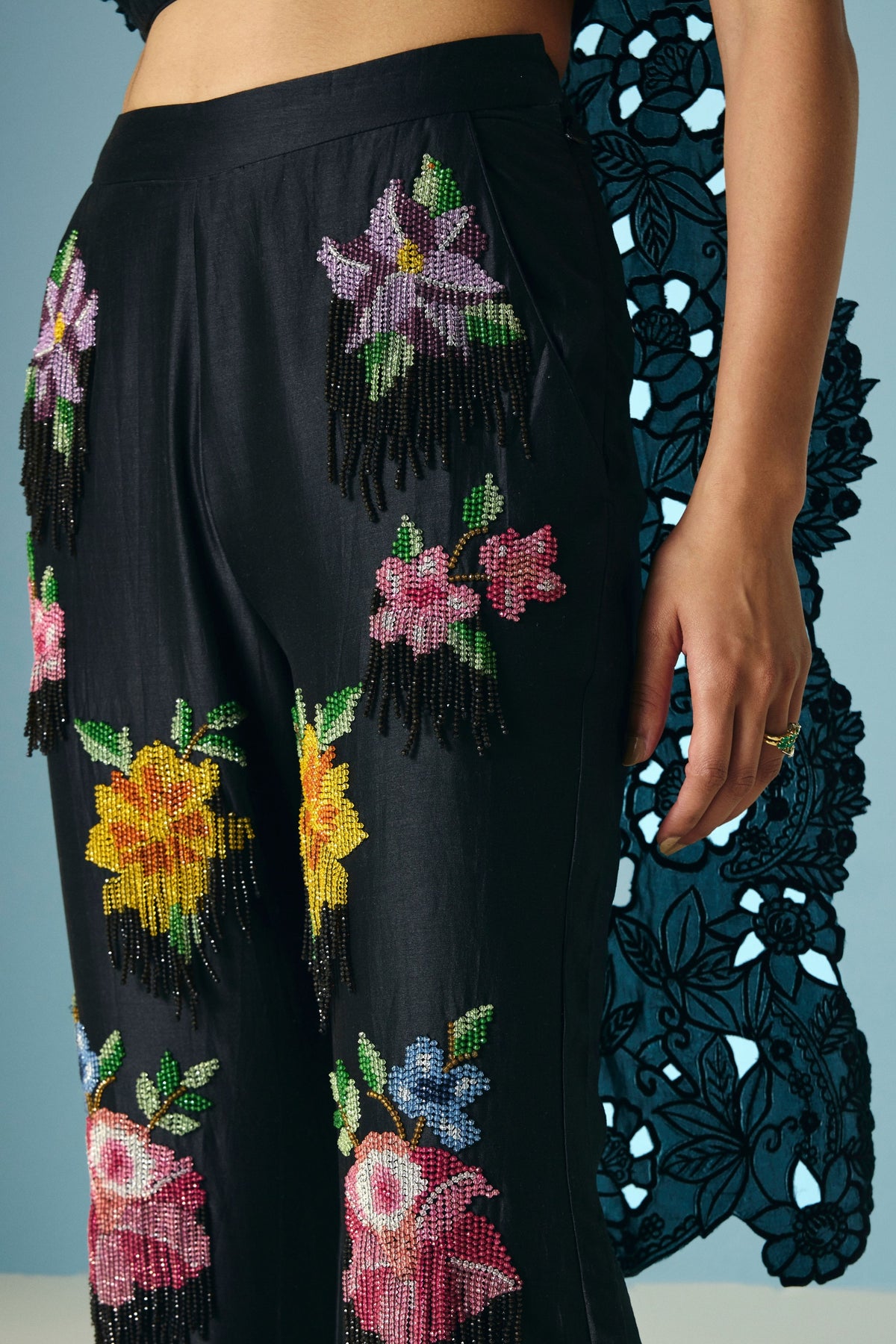 Black Floral Beadwork Fringe Flared Pants