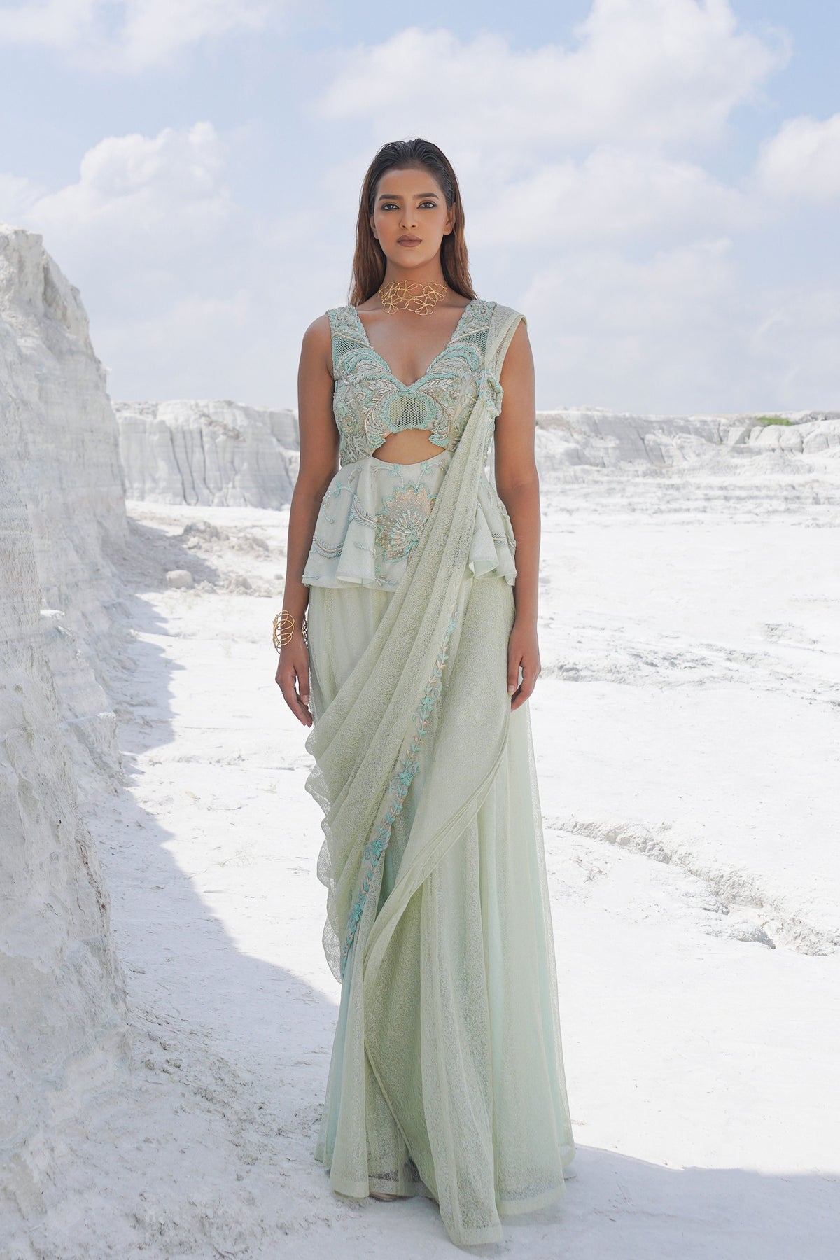Pastel Green Draped Saree Set