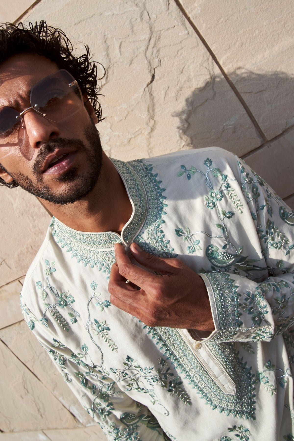 Ivory Parrot With Creeper Kurta