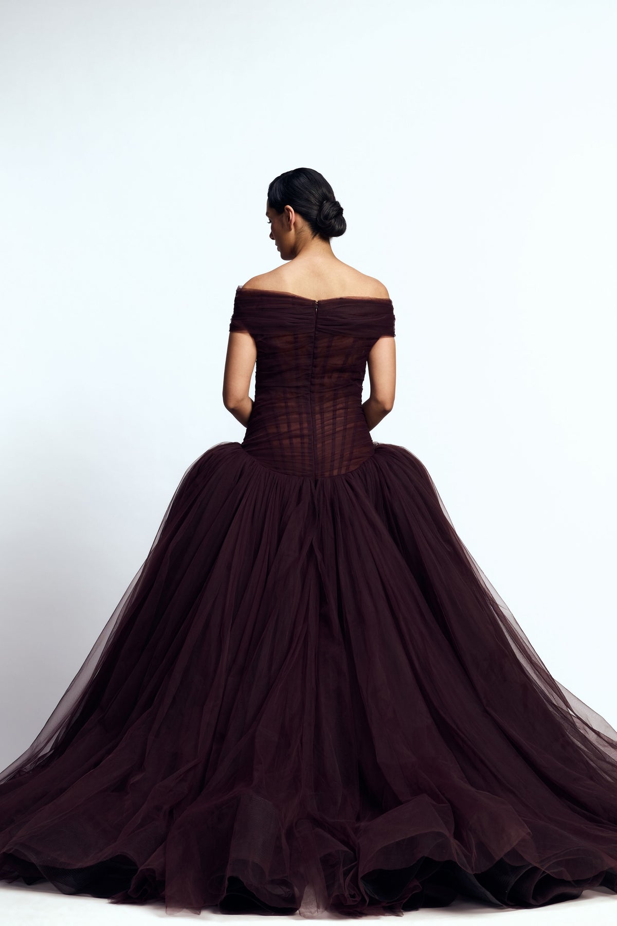 Off Shoulder Draped Tulle Gown
