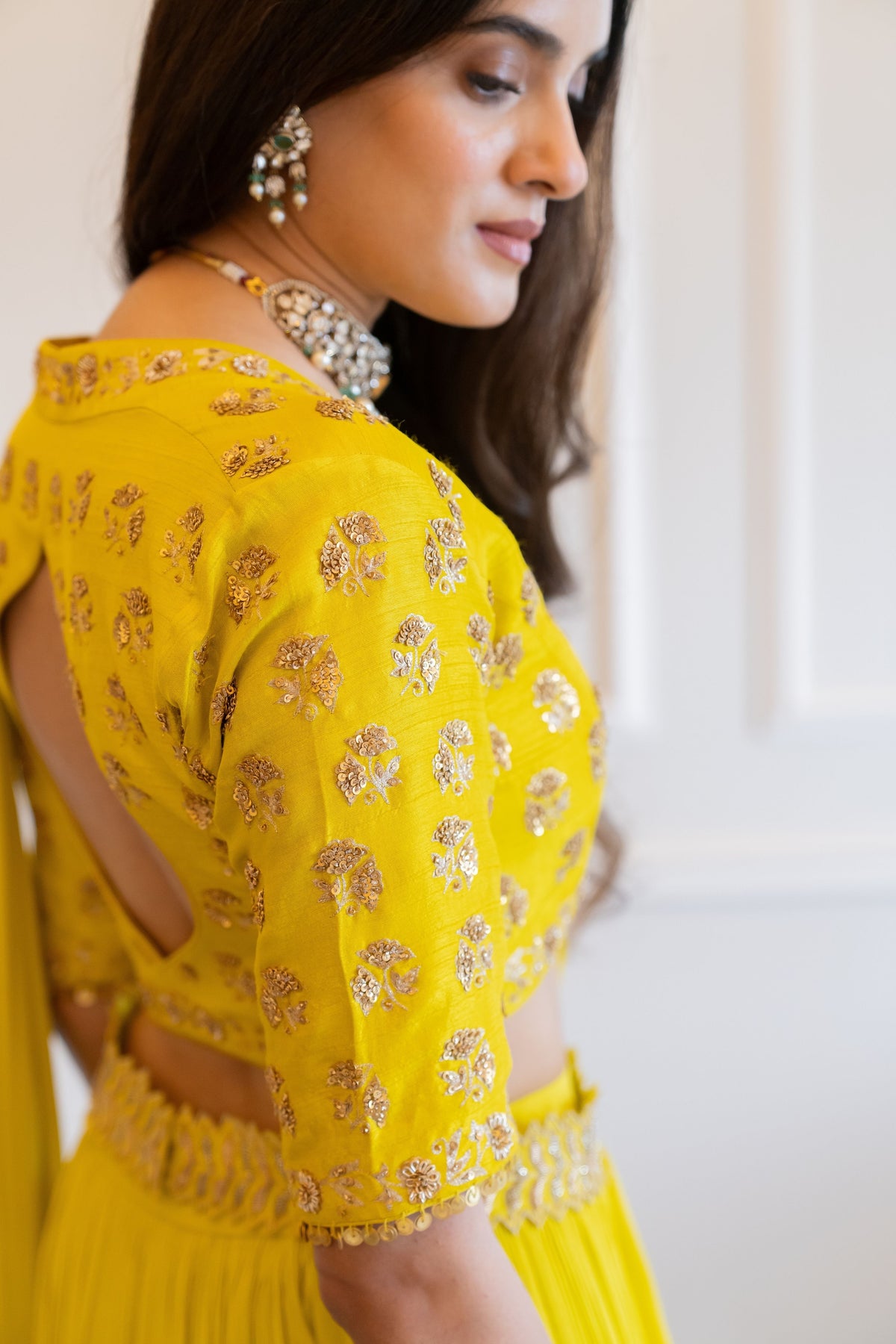 Lime Yellow Antique Embroidered Saree Set