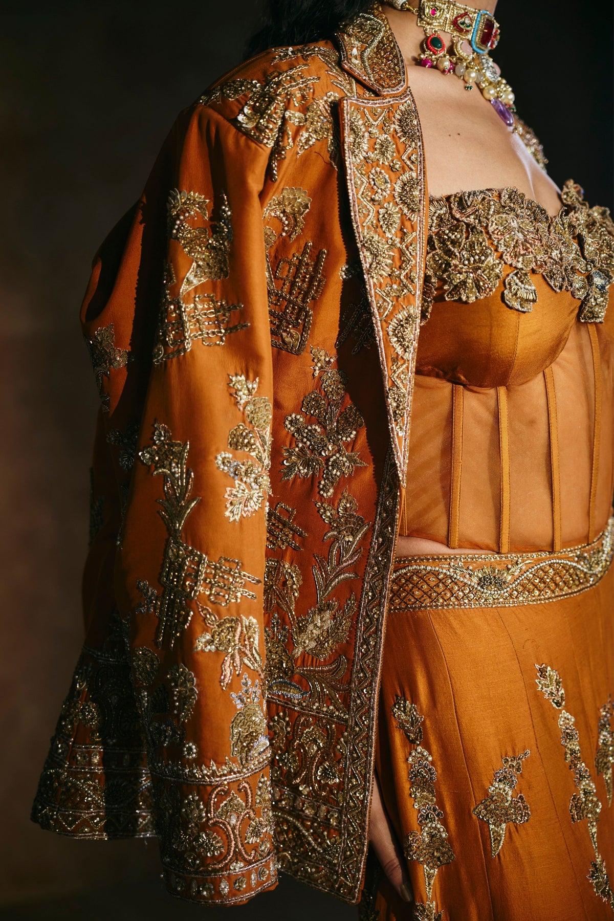 Orange Sindh Multicoloured Corset Set