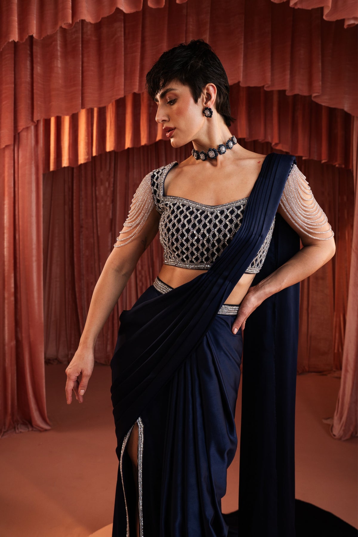 Midnight Blue Draped Saree Set