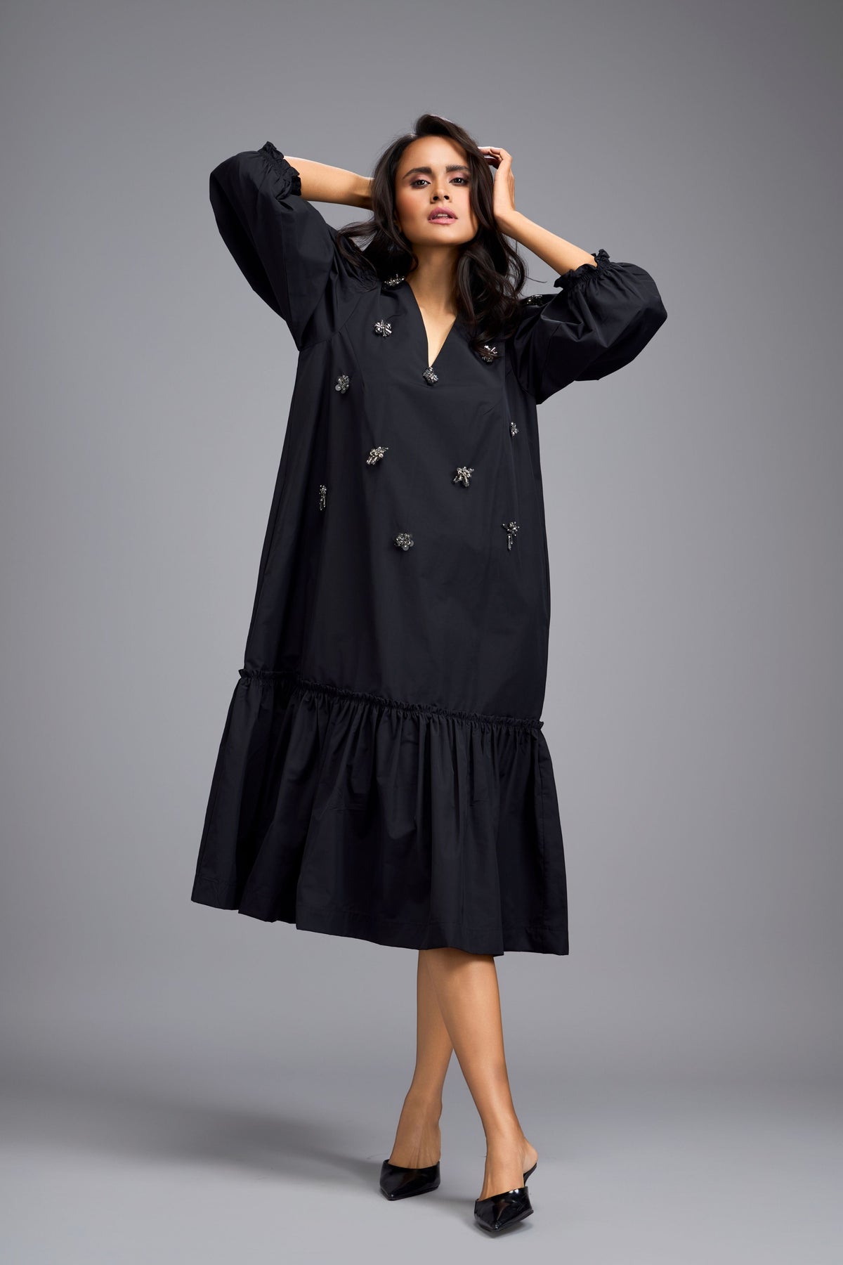 Long Gathered Embellished  Dress