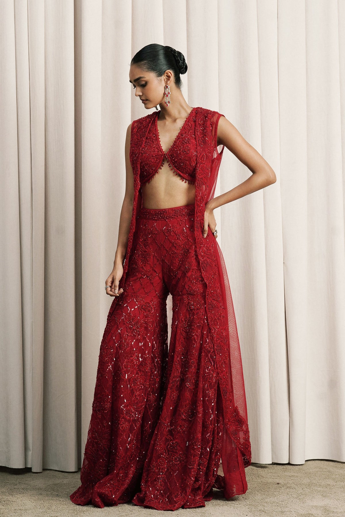 Red Tasseled Net Jacket Set