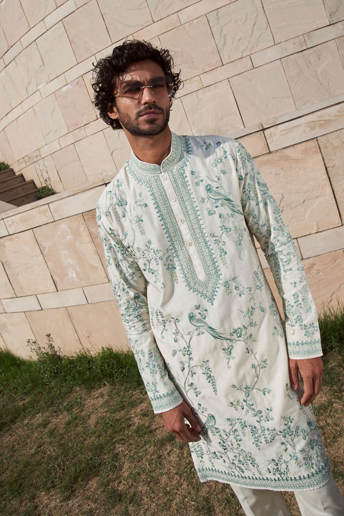 Ivory Parrot With Creeper Kurta