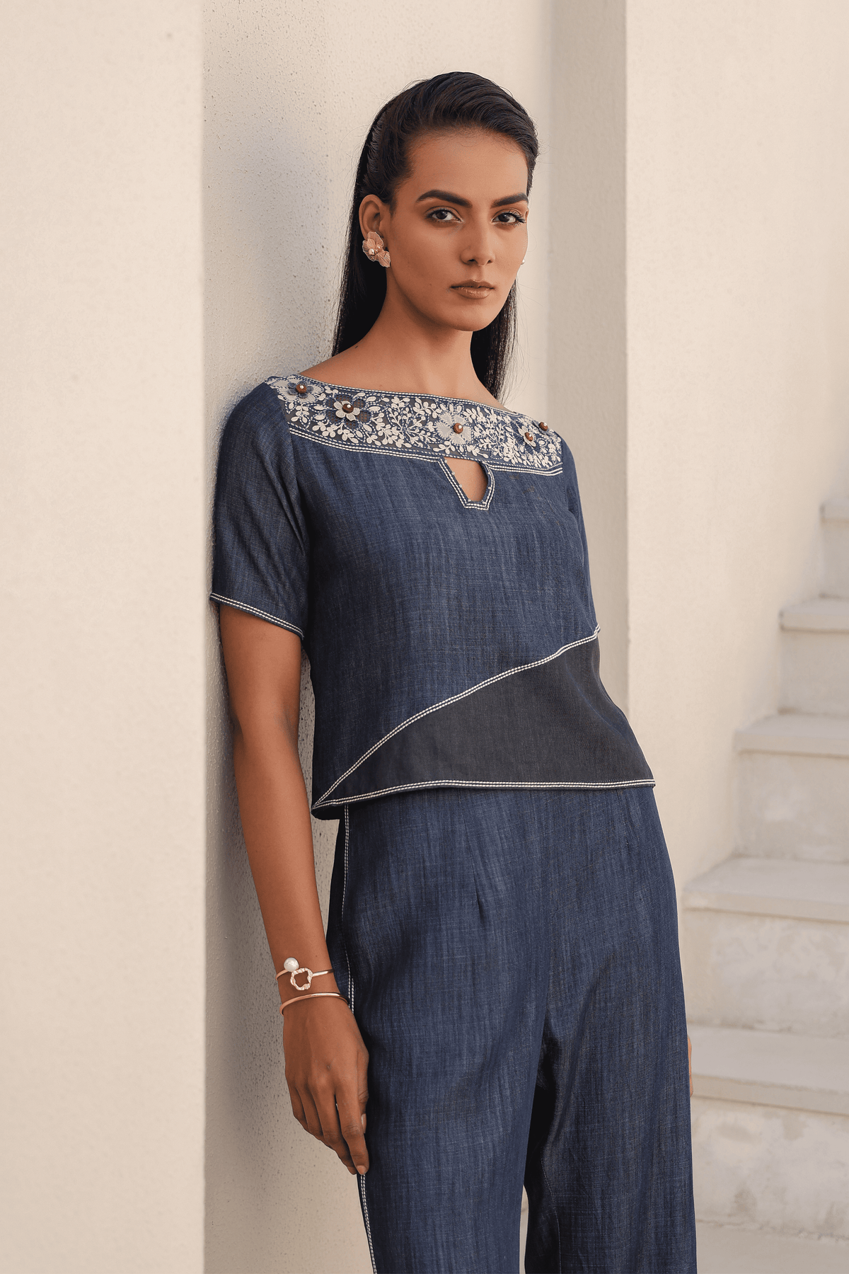Azure Boat Neck Co-ord Set in Dark Blue