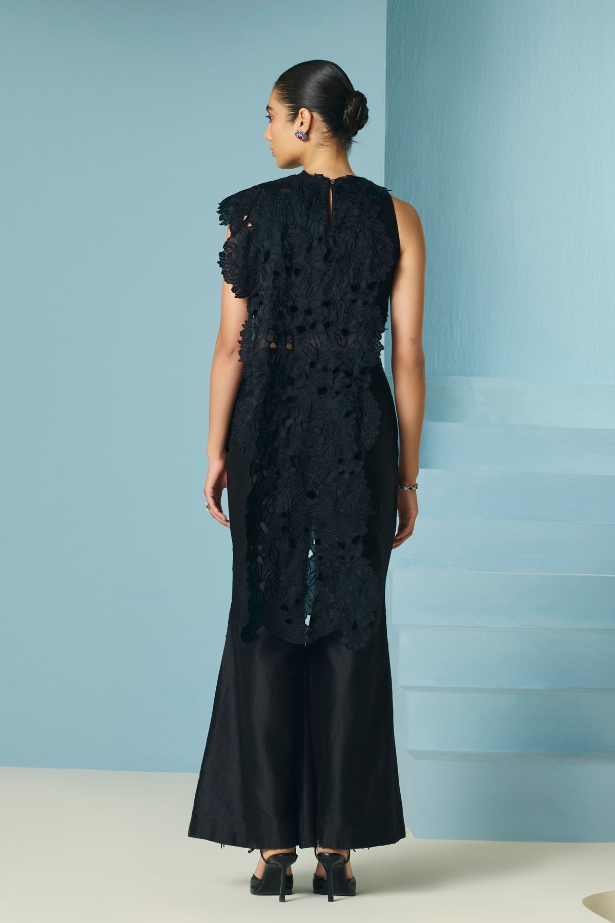 Black Floral Beadwork Fringe Flared Pants