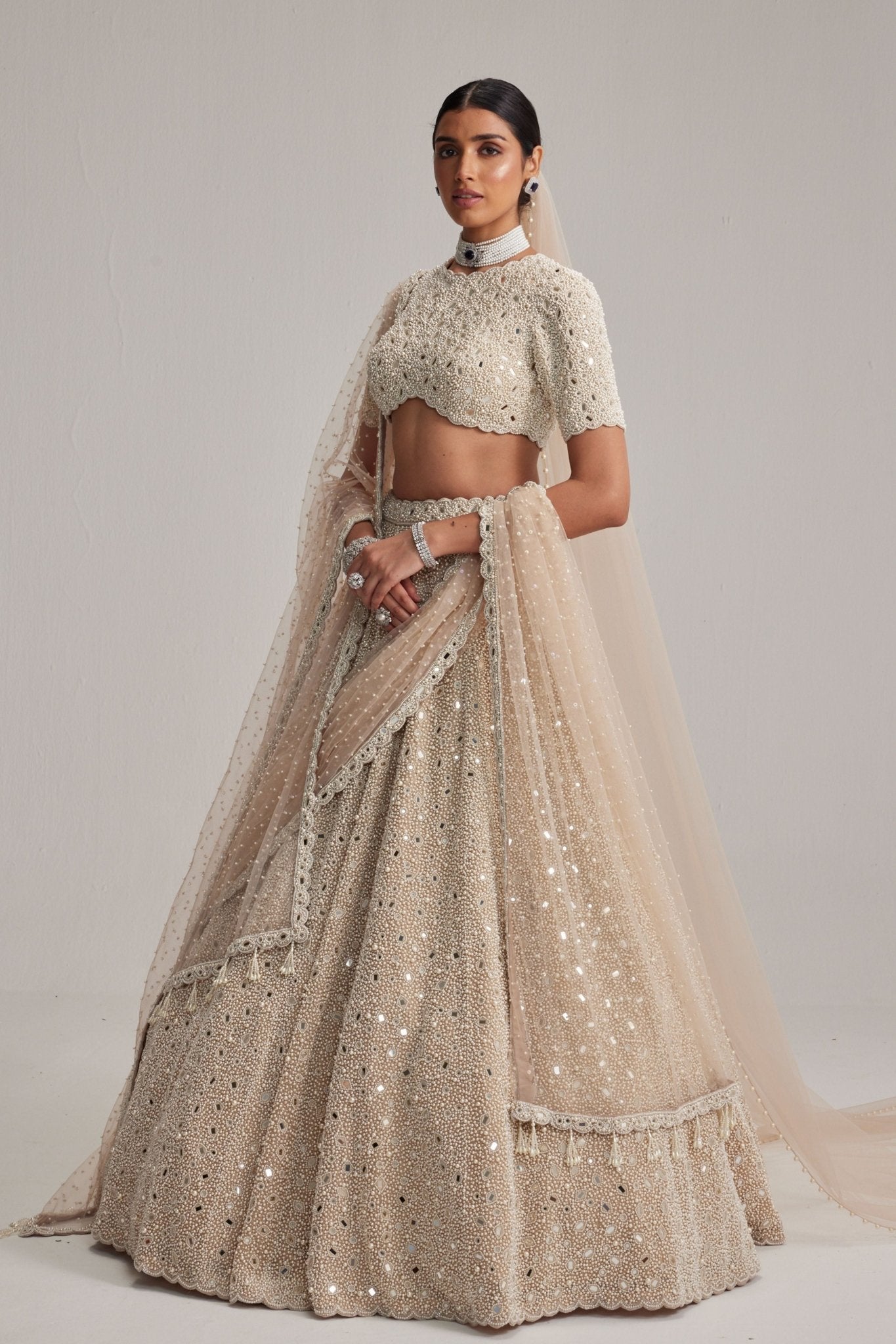 Light Beige OAS Lehenga Set With Veil - Vvani by Vani Vats - Elahe