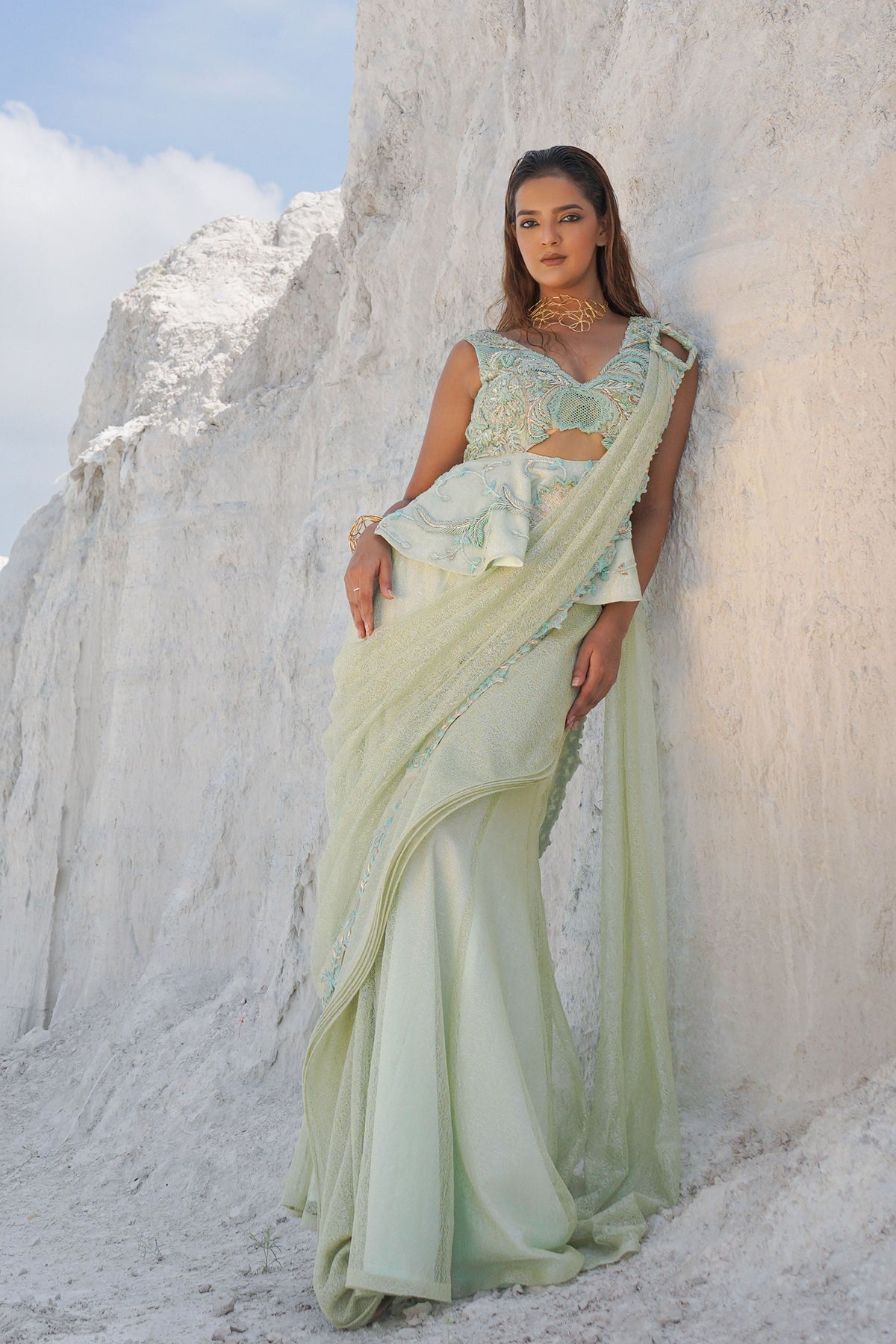 Pastel Green Draped Saree Set