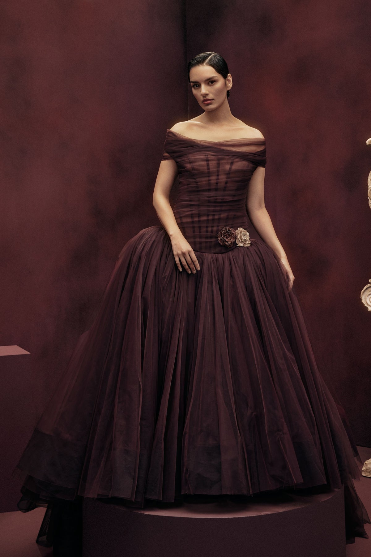 Off Shoulder Draped Tulle Gown
