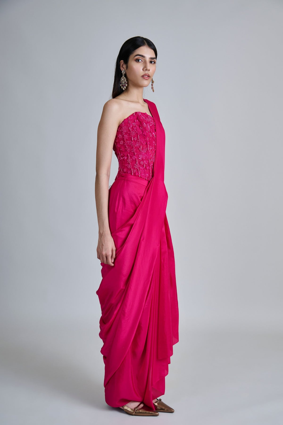 Zin Fuchsia Draped Saree Set