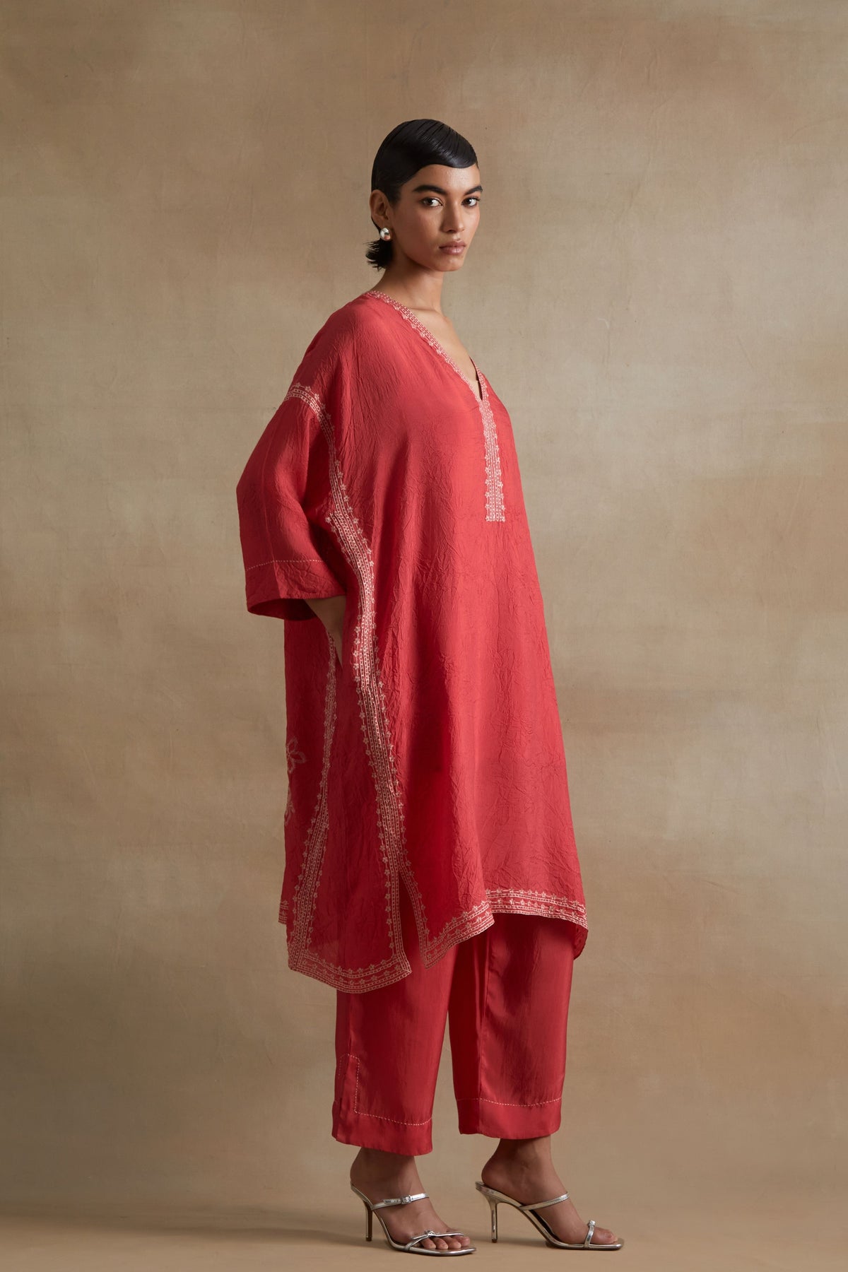 Tomato Thread Embroidered Kaftan Set