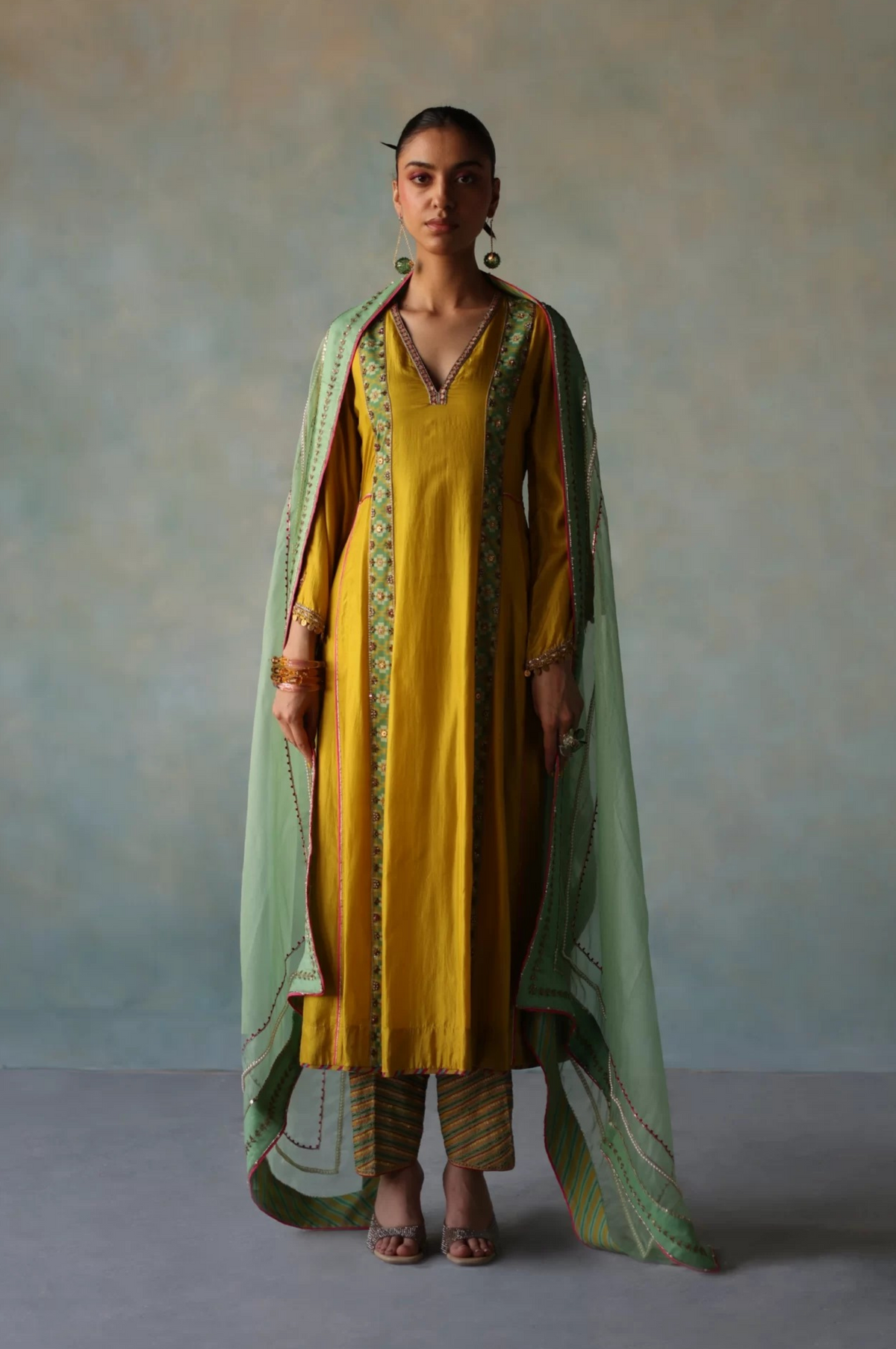 Gul Lime Yellow Side Kali Crepe Kurta Set