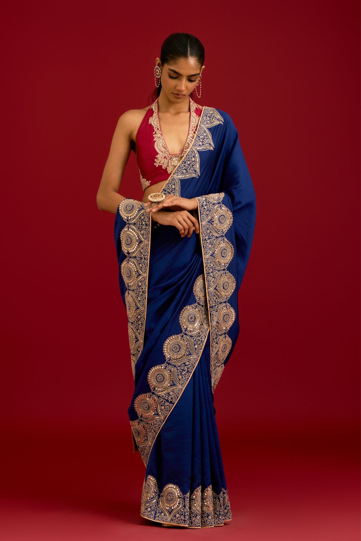 Navy Blue Silk Saree Set
