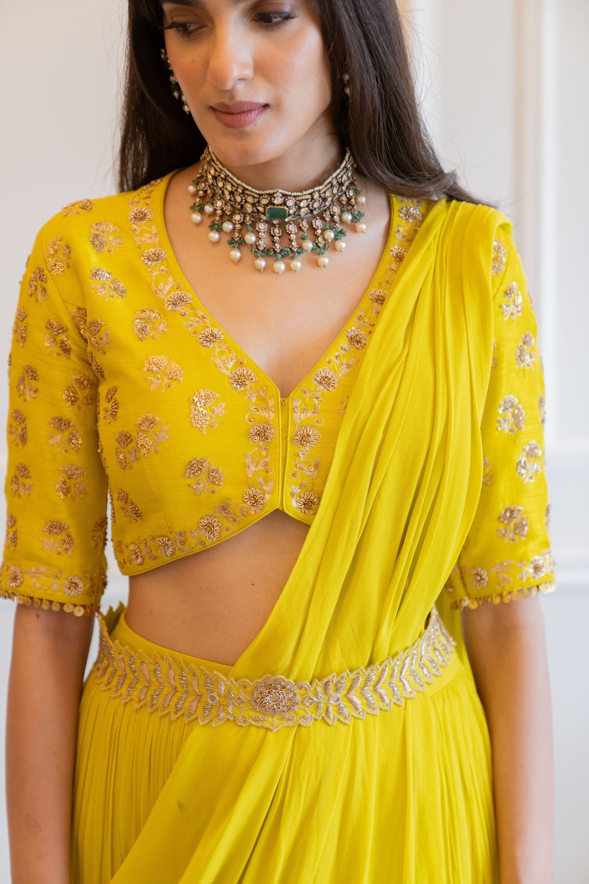 Lime Yellow Antique Embroidered Saree Set