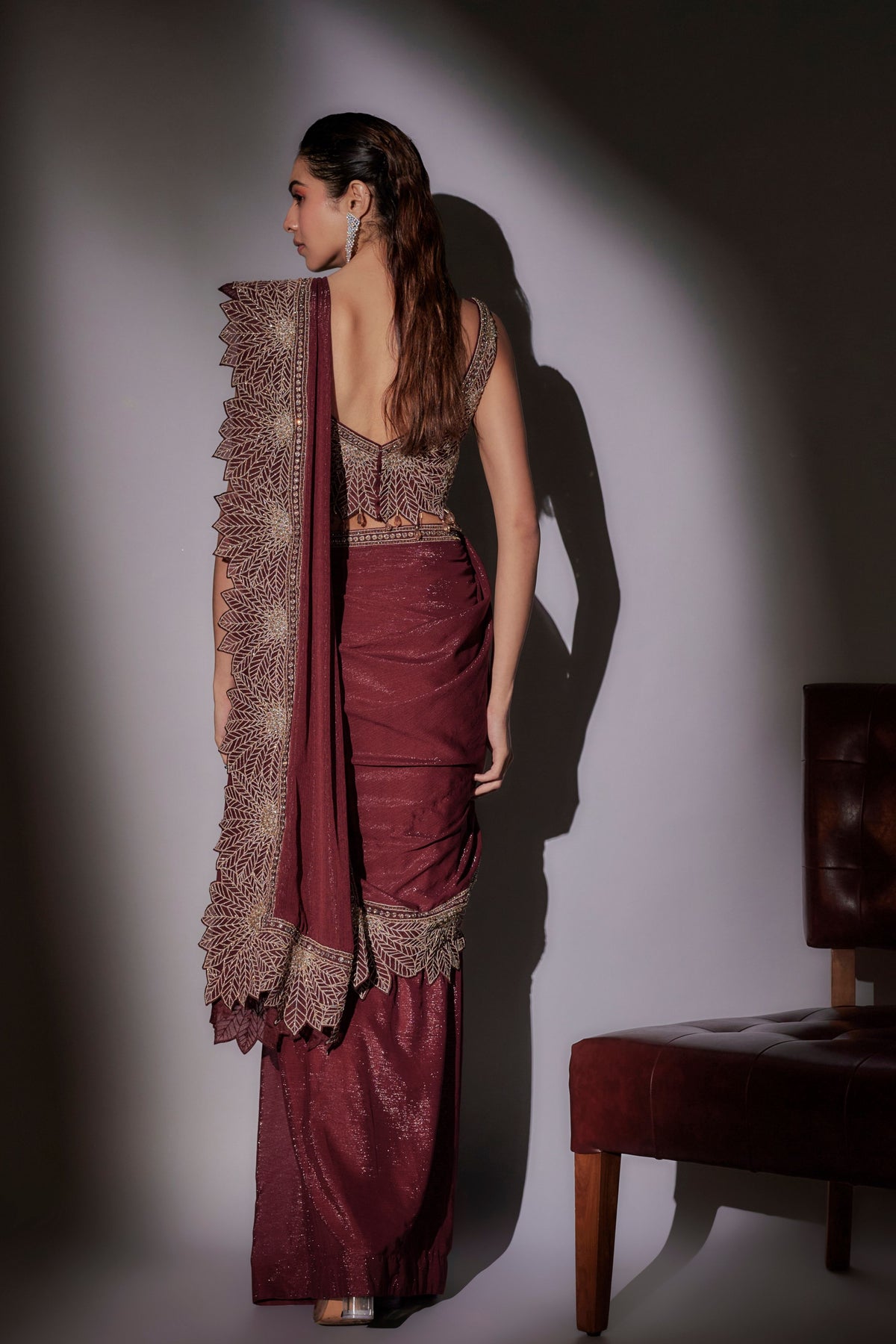 Heavy Leaf Pre-Draped Saree Set