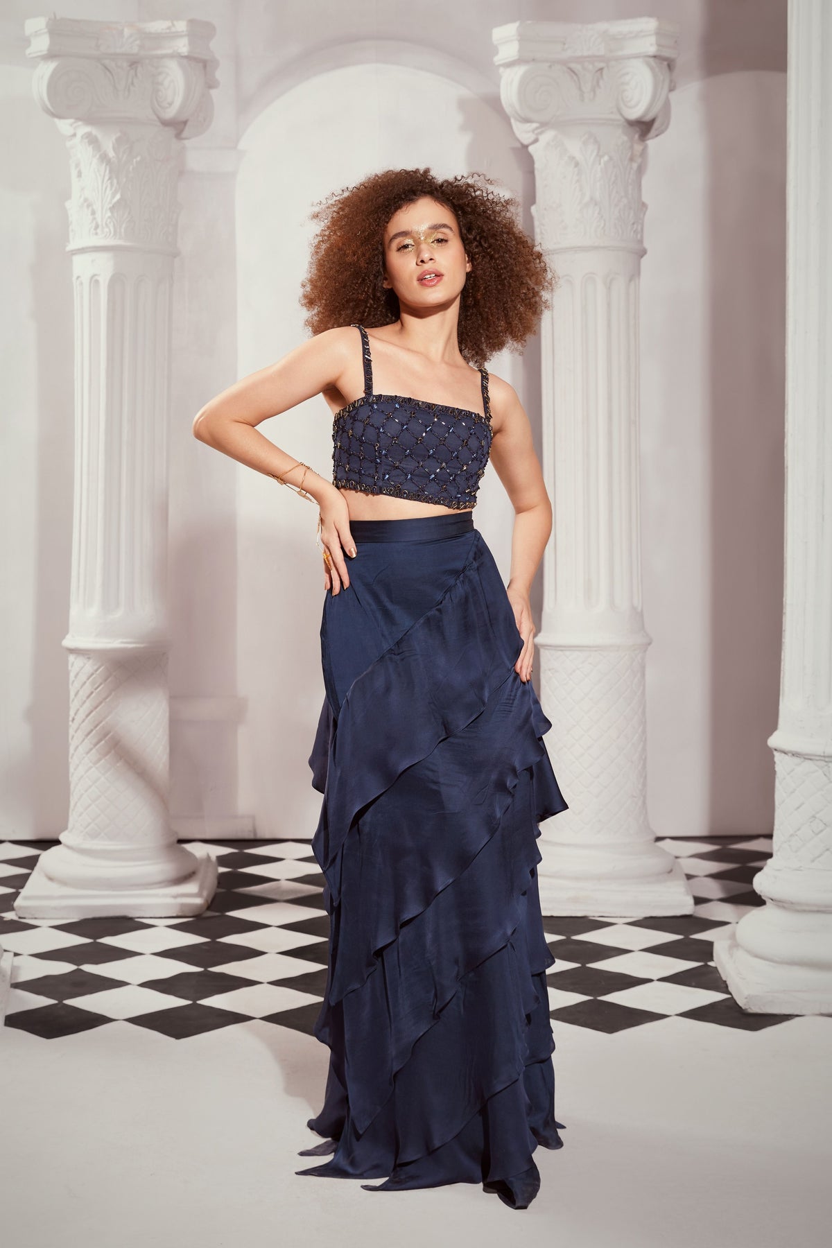 Navy Blue High Waist  Layered Skirt