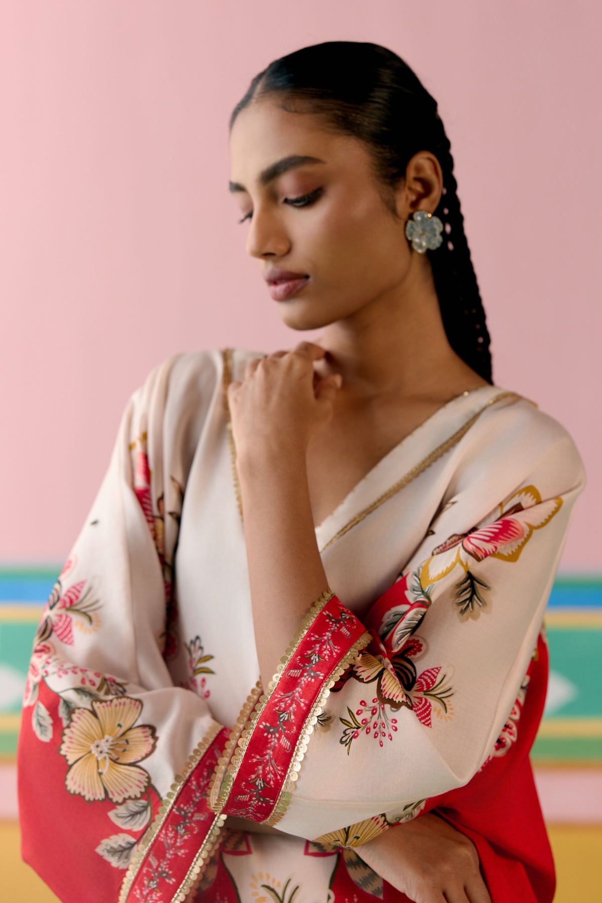 Ecru Red Floral Short Kaftan Set