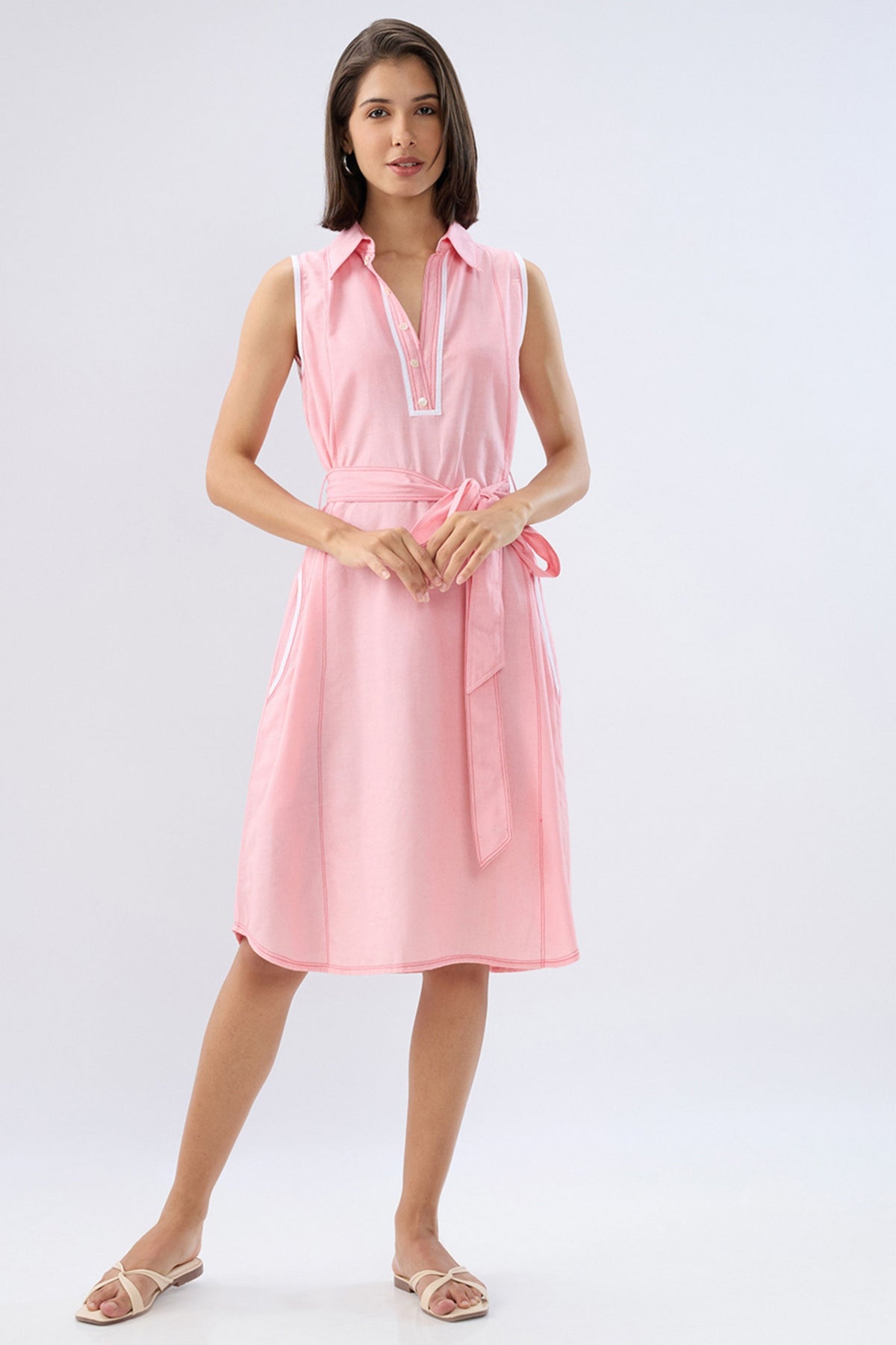 Pink A-line Tie-up Dress