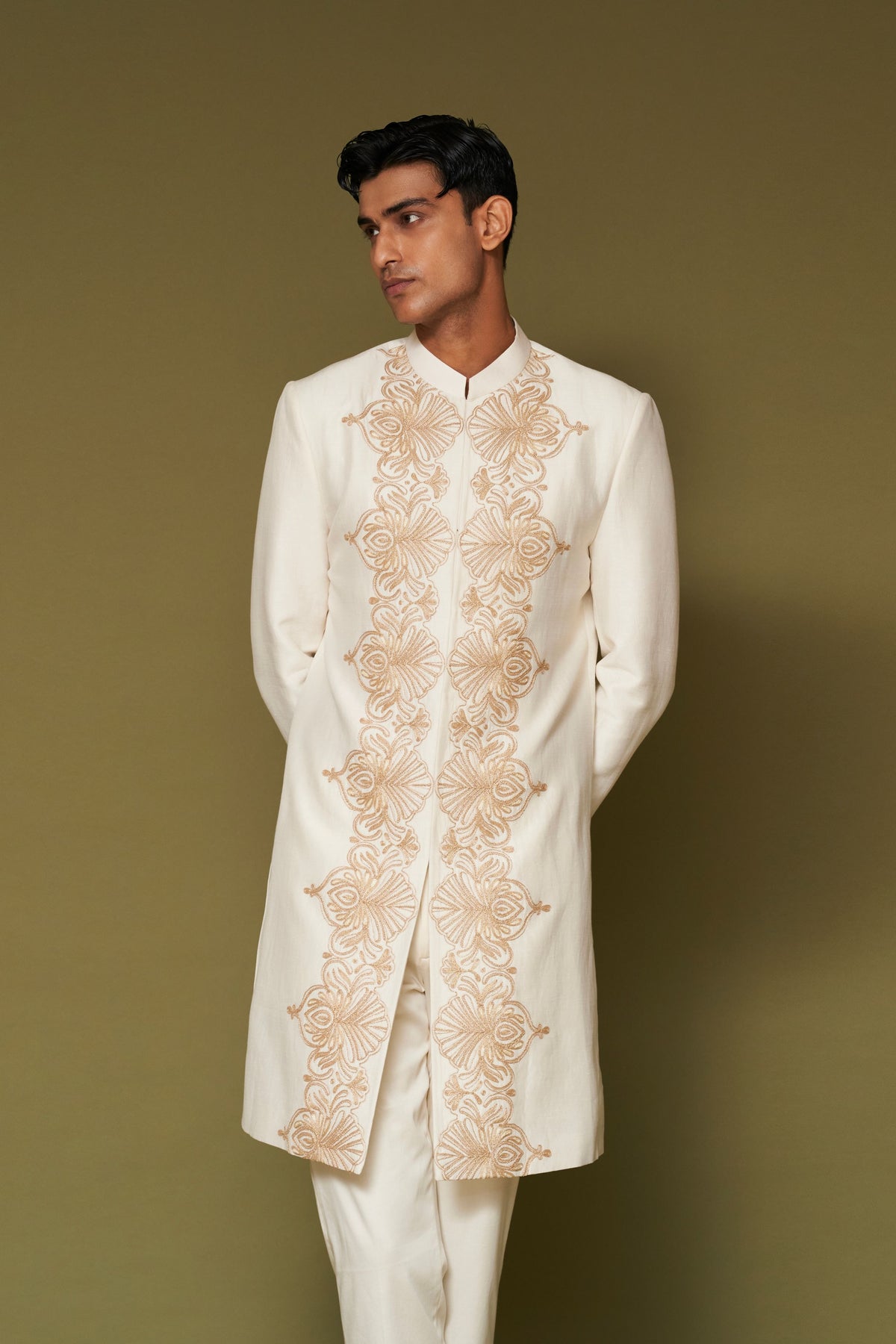 Ivory Embroidered Sherwani Set