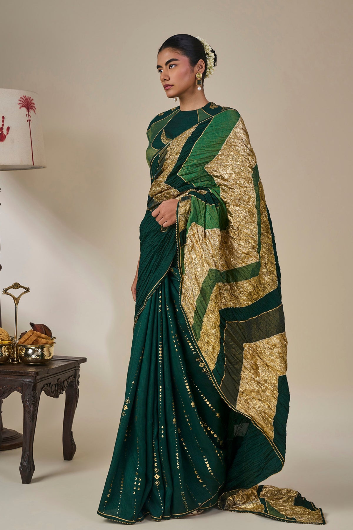 Bottle Green Celestial Moonfall Crush Saree