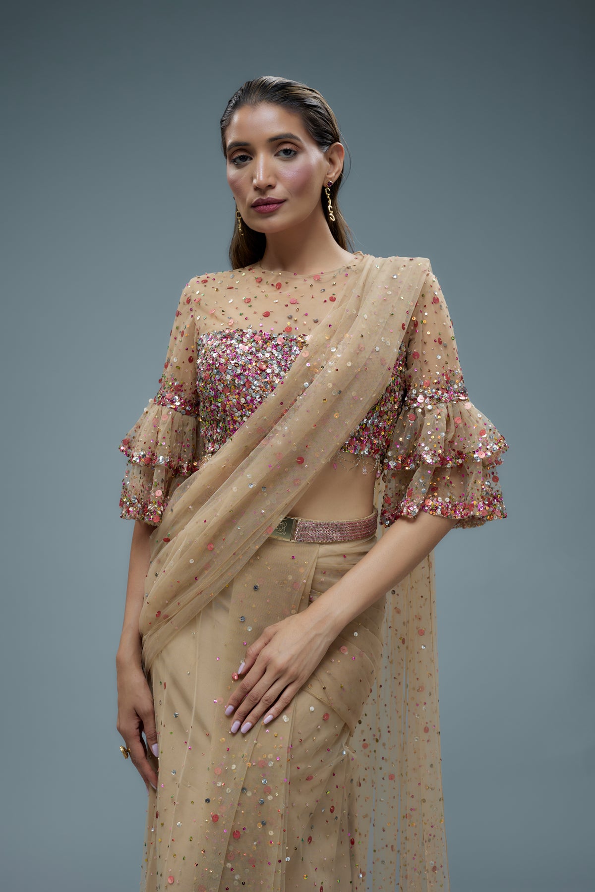Multi Coloured Embroidered Saree Set