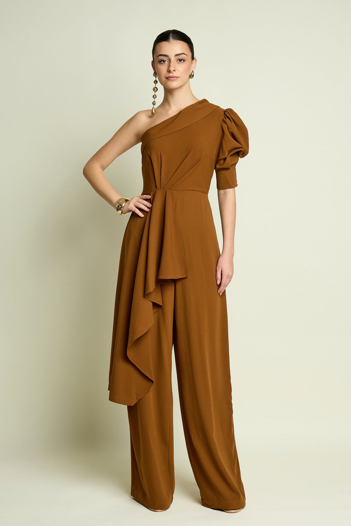 Tan One Shoulder Jumpsuit