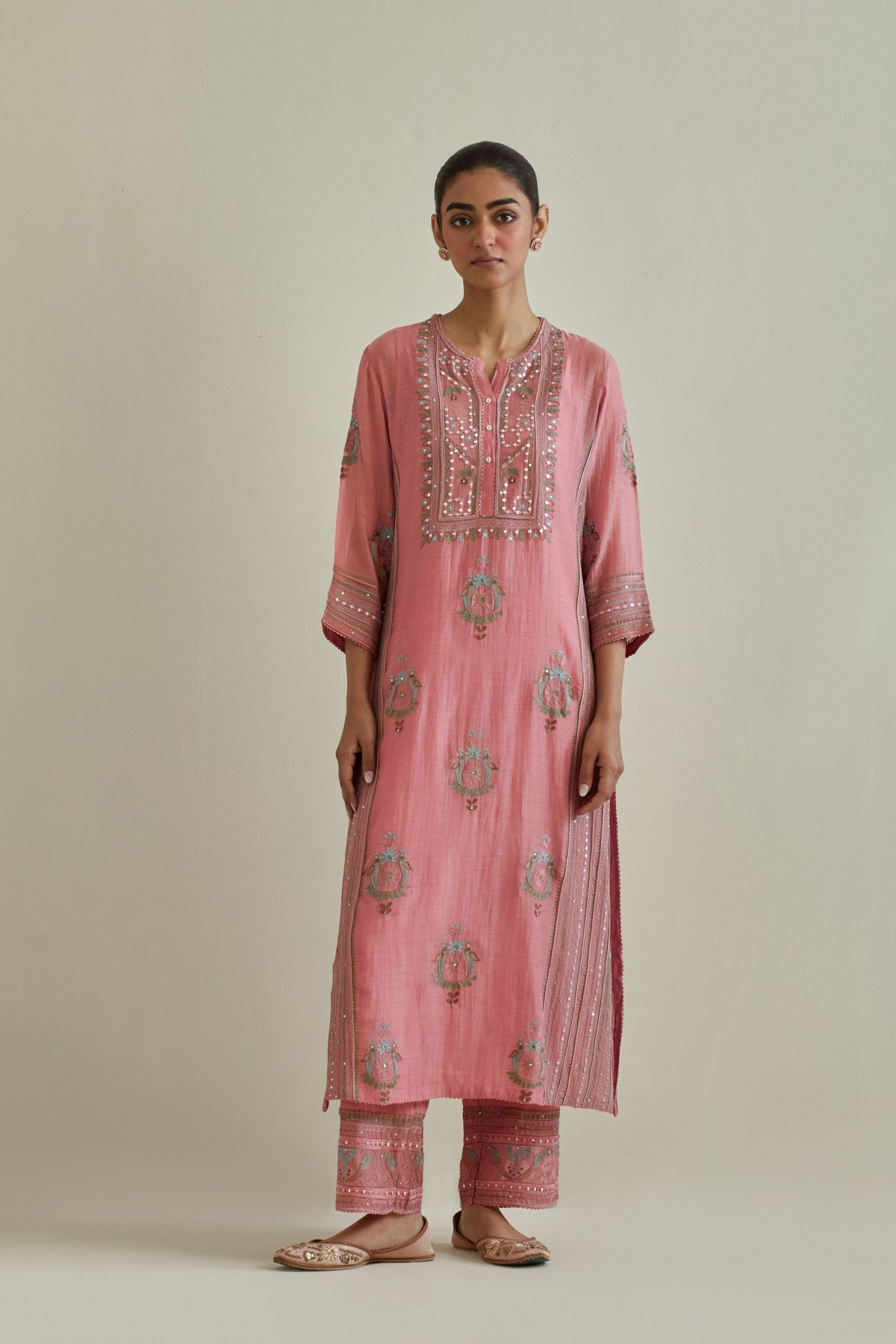 Pink Embroidered Straight Kurta Set