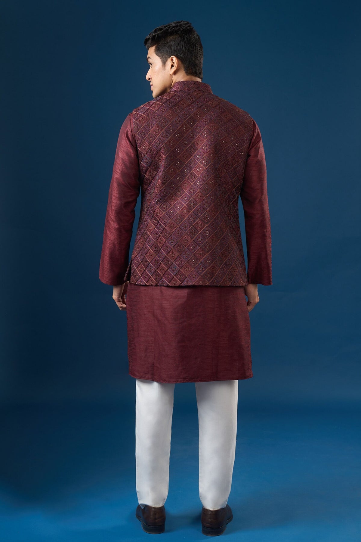 Maroon Embroidered Kurta-bundi Set
