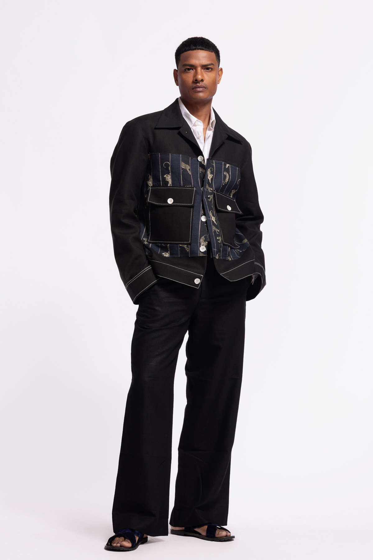 Black Printed Jacket With Pockets