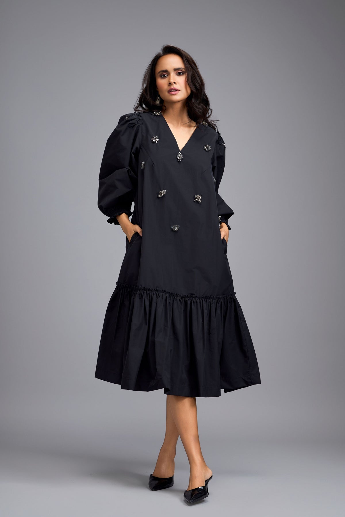 Long Gathered Embellished  Dress