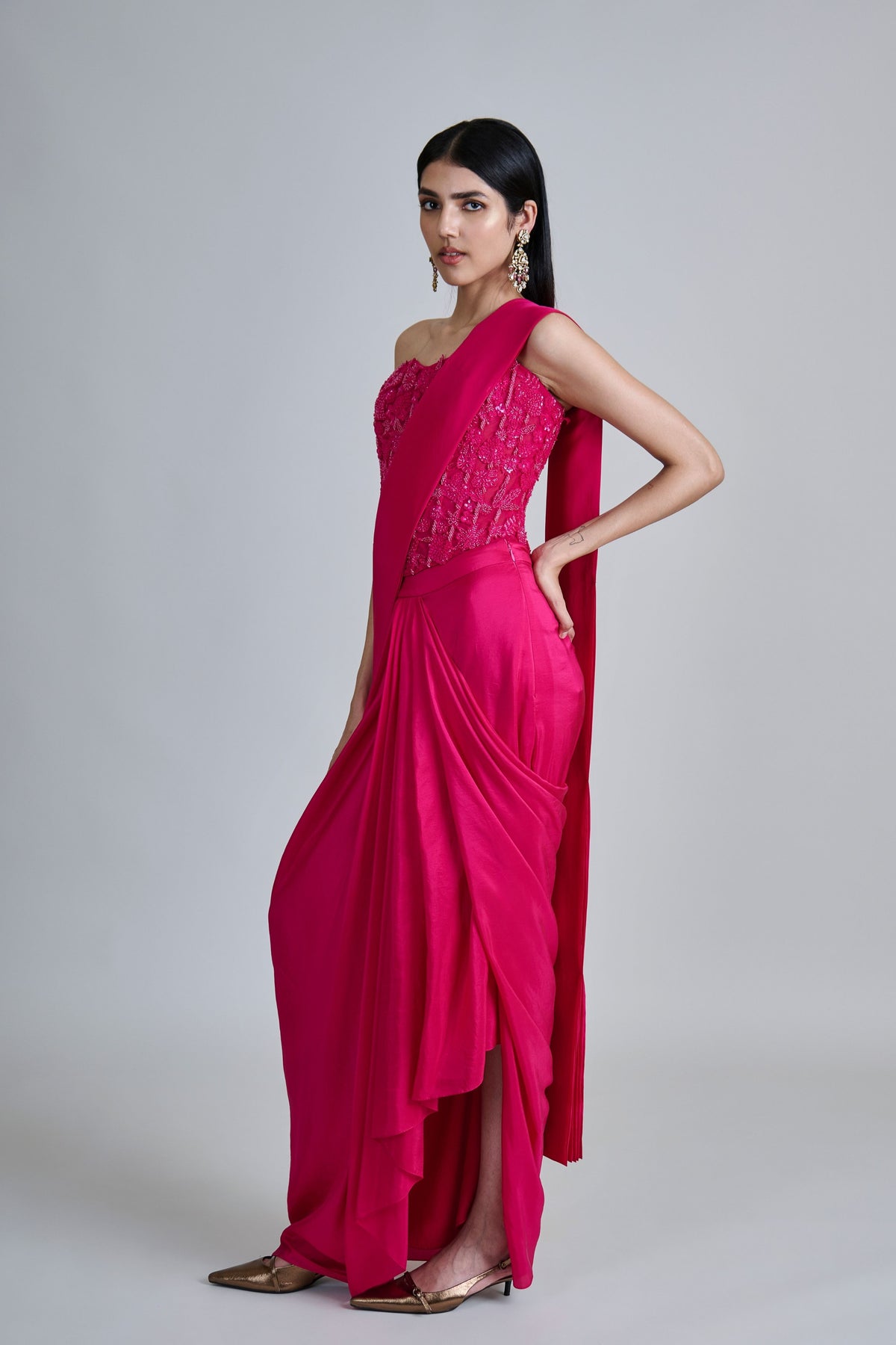 Zin Fuchsia Draped Saree Set