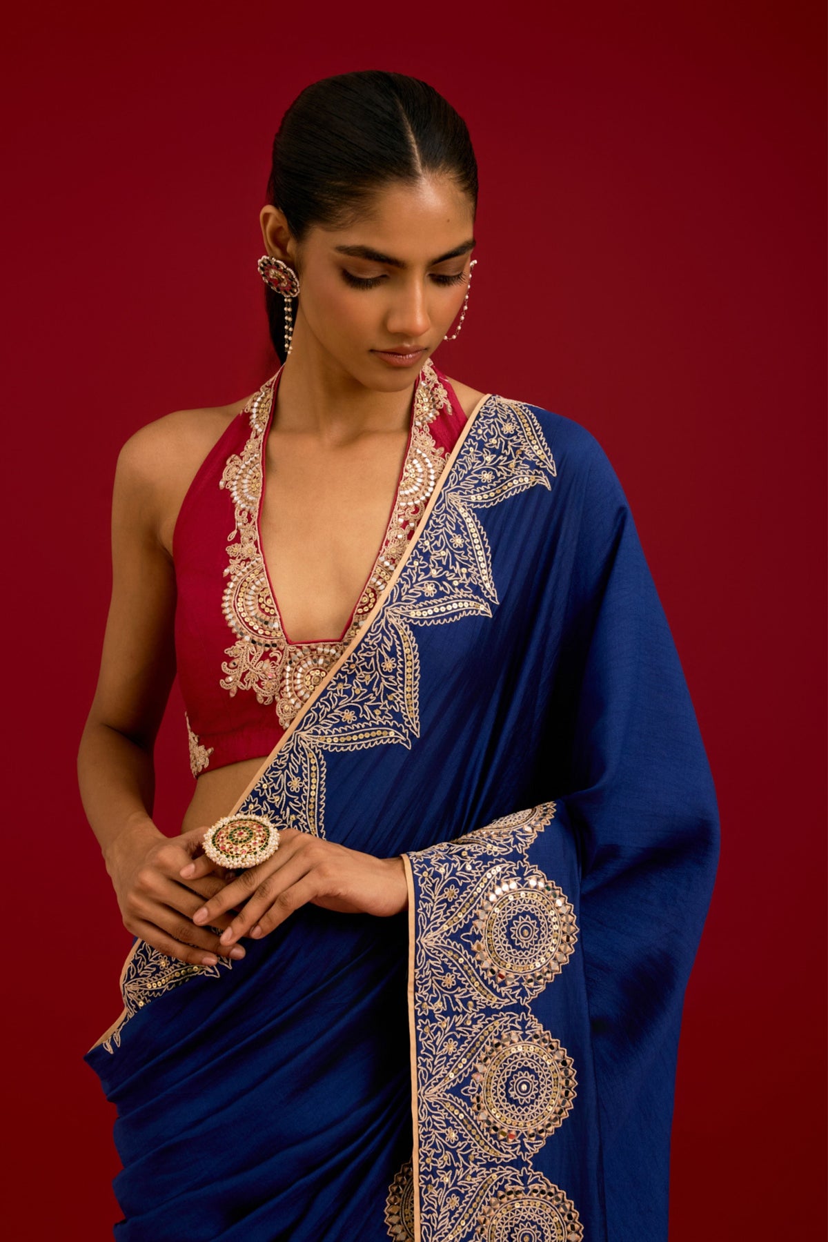 Navy Blue Silk Saree Set