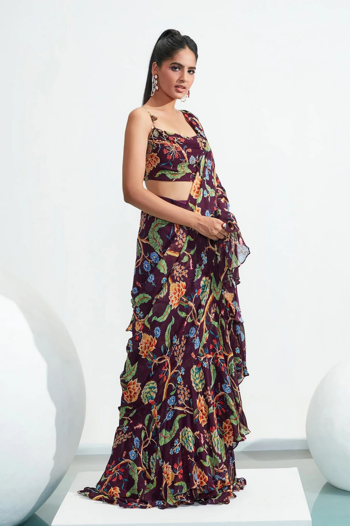 Habiba Purple Embroidered Ruffle Draped Saree