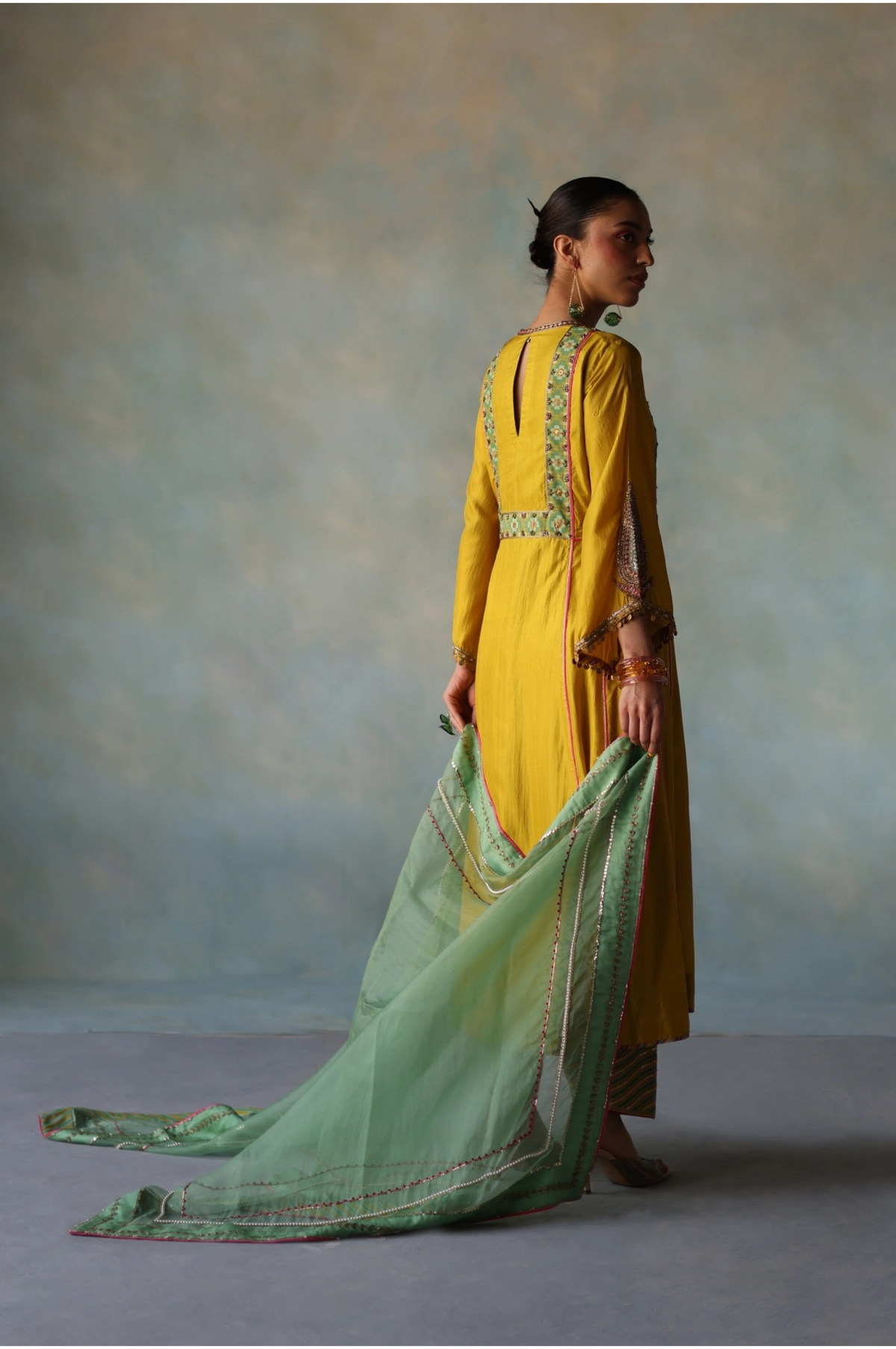 Gul Lime Yellow Side Kali Crepe Kurta Set