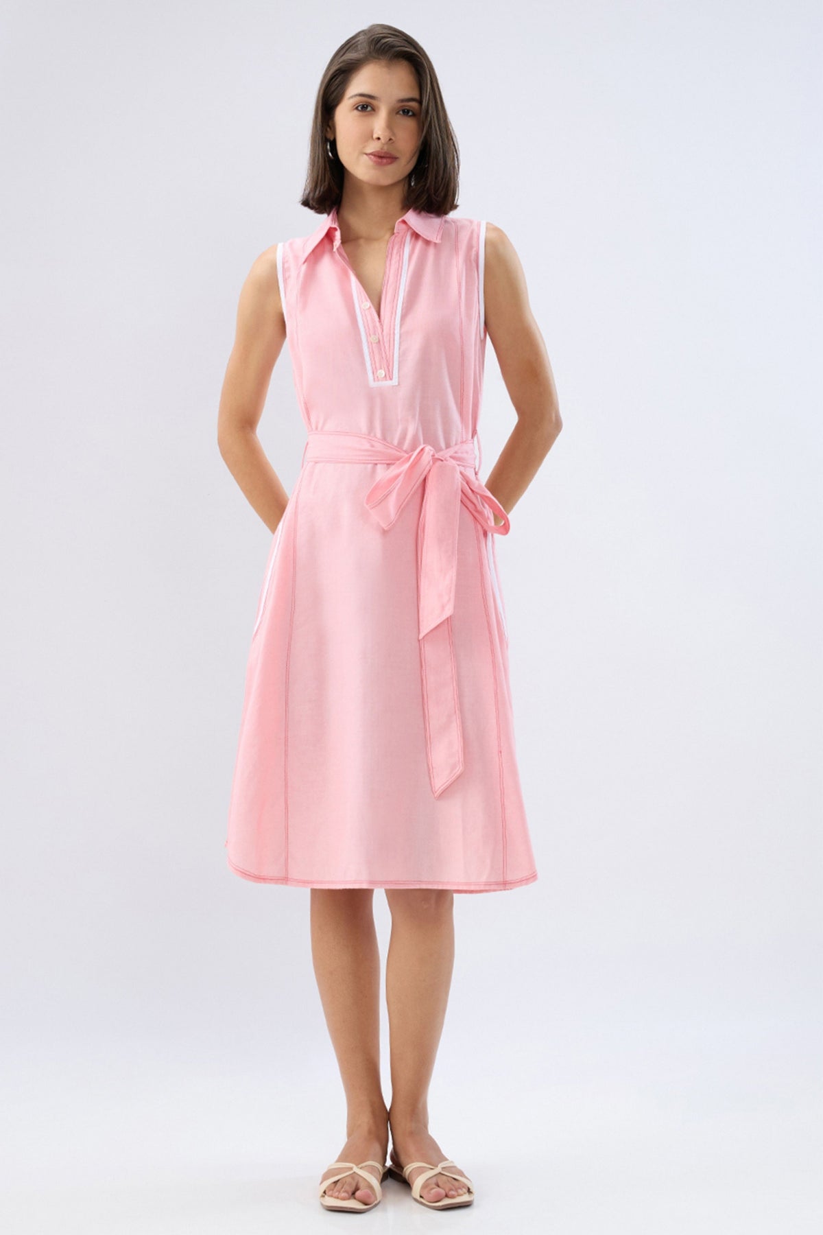 Pink A-line Tie-up Dress