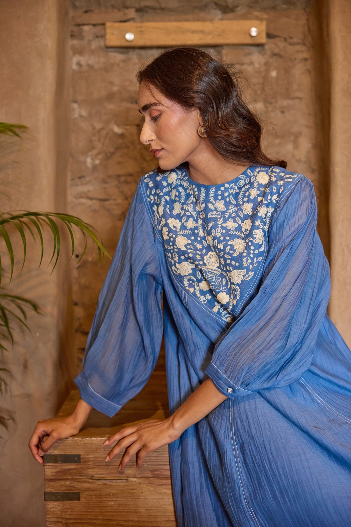 Blue Embroidered Yoke Chanderi Dress