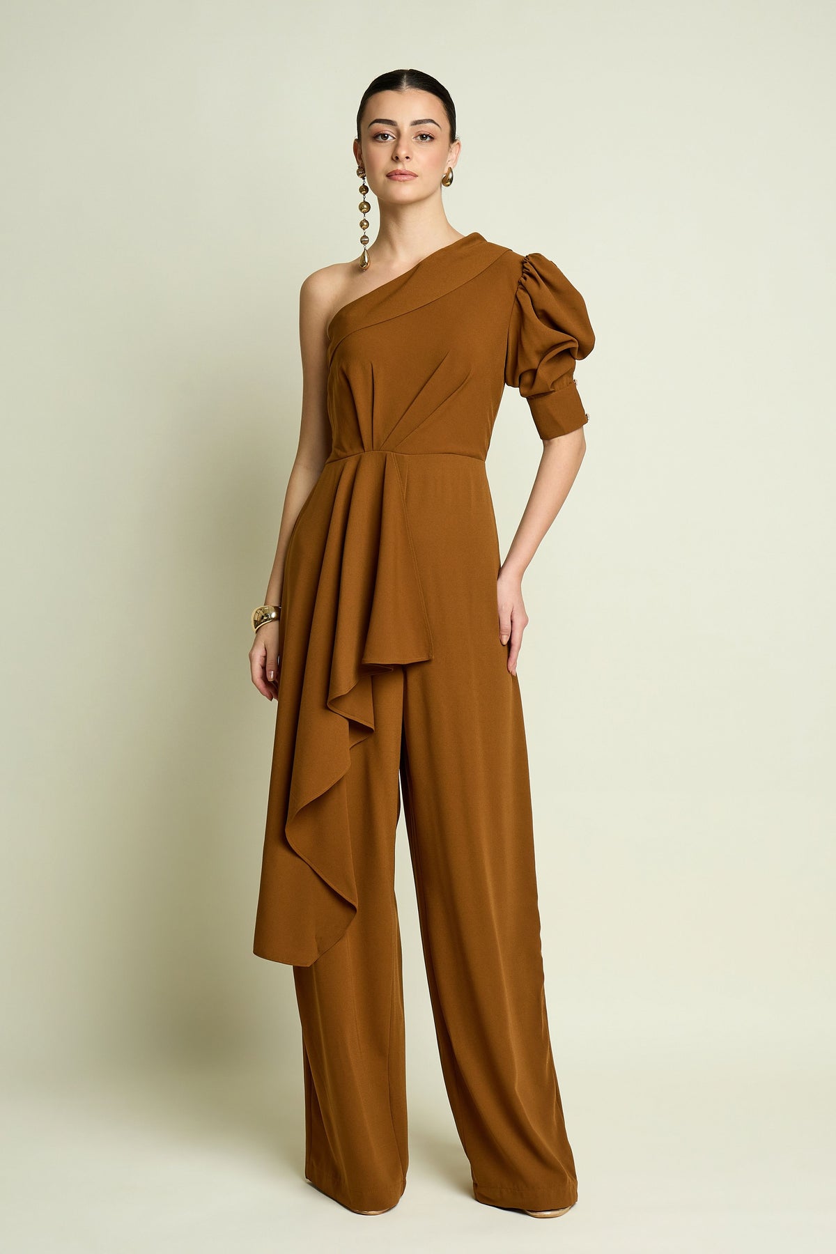 Tan One Shoulder Jumpsuit