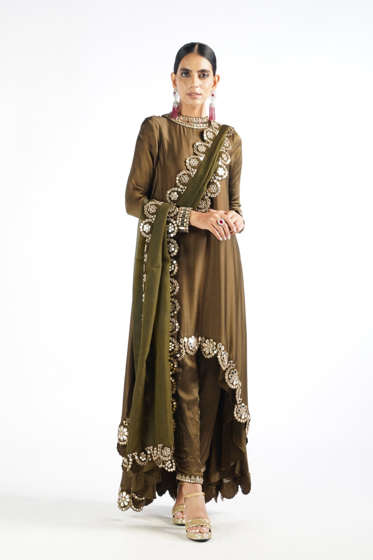 Olive Green Mirror Scallop Kurta Set