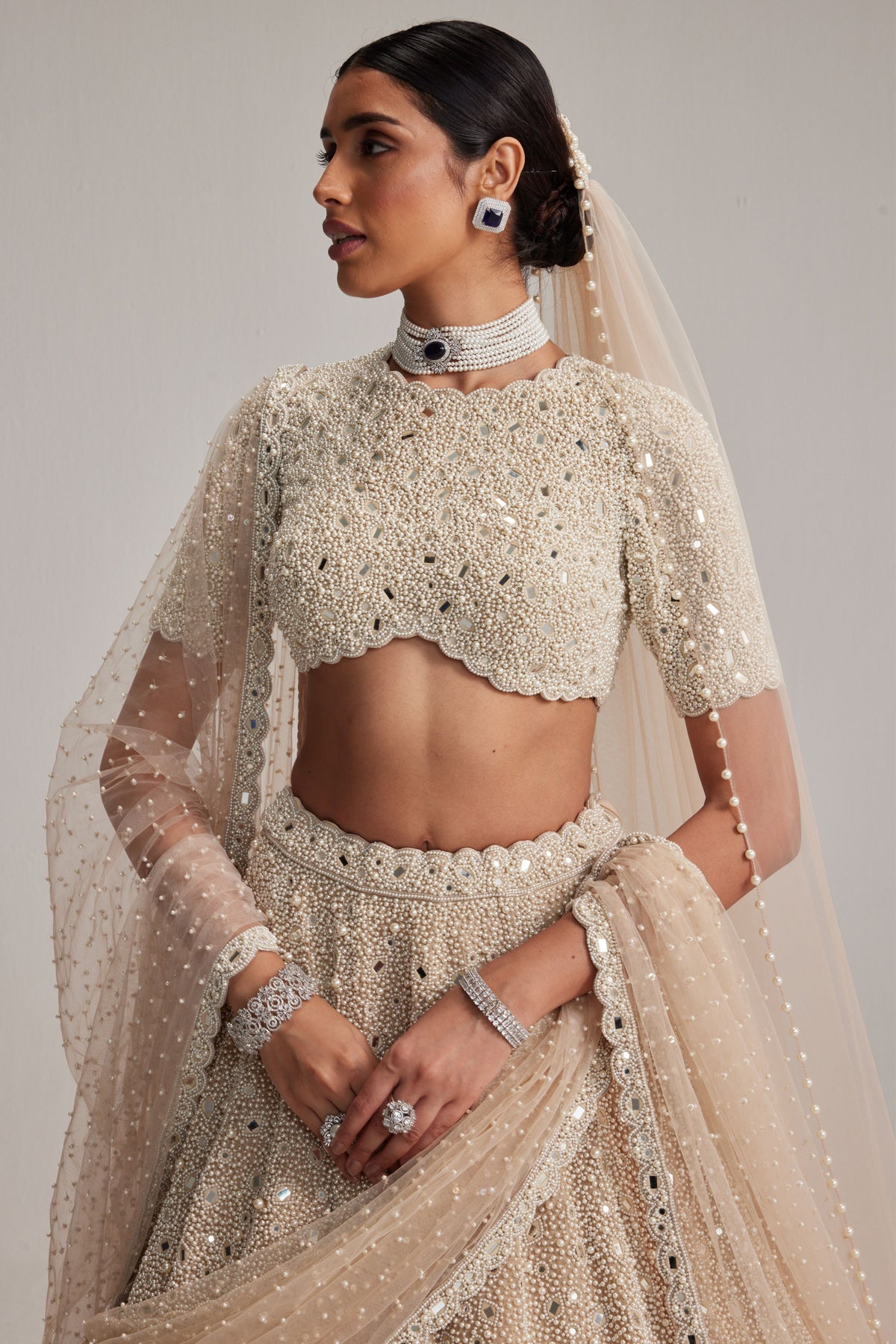 Light Beige OAS Mirror and Pearl Lehenga Set