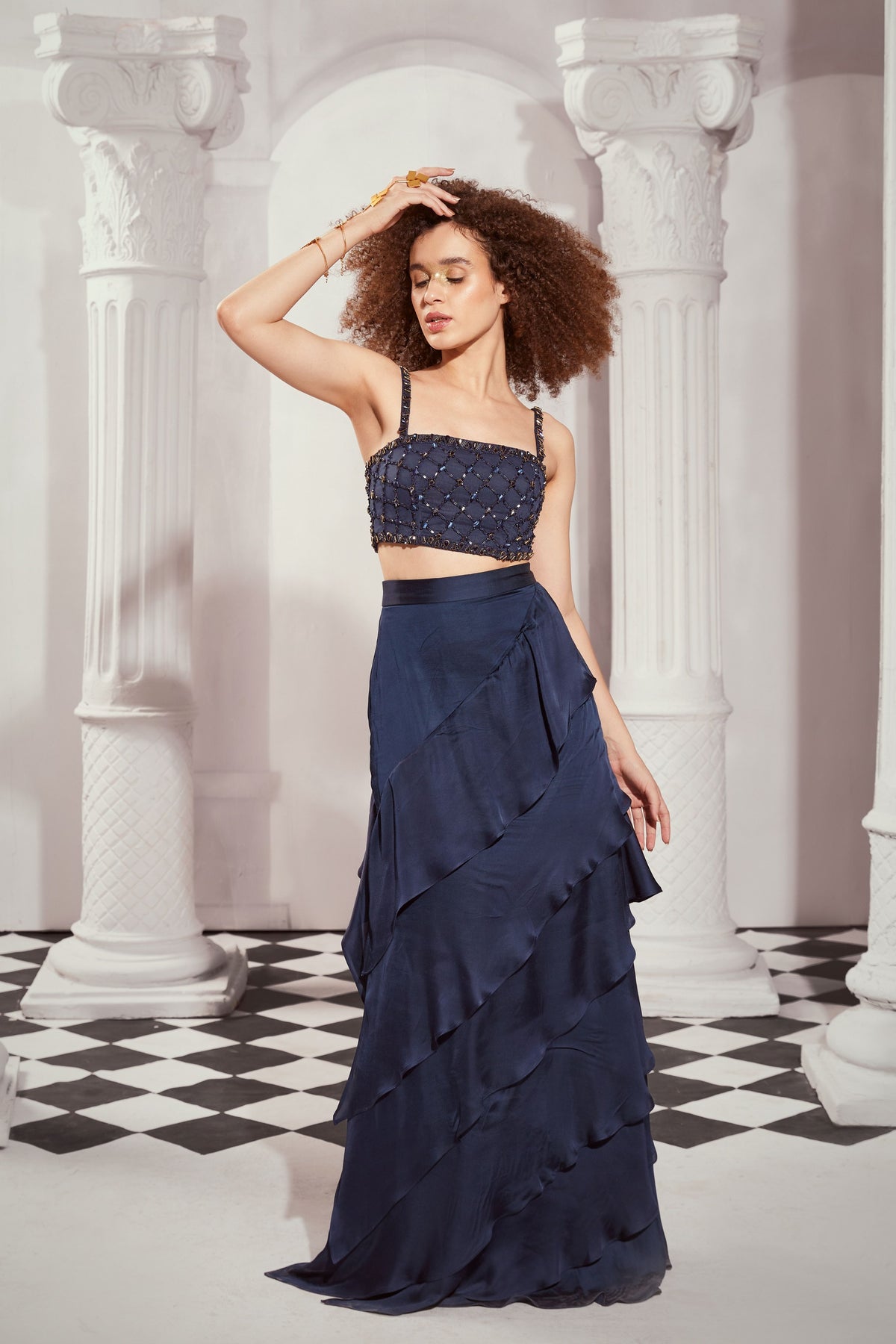 Navy Blue High Waist  Layered Skirt